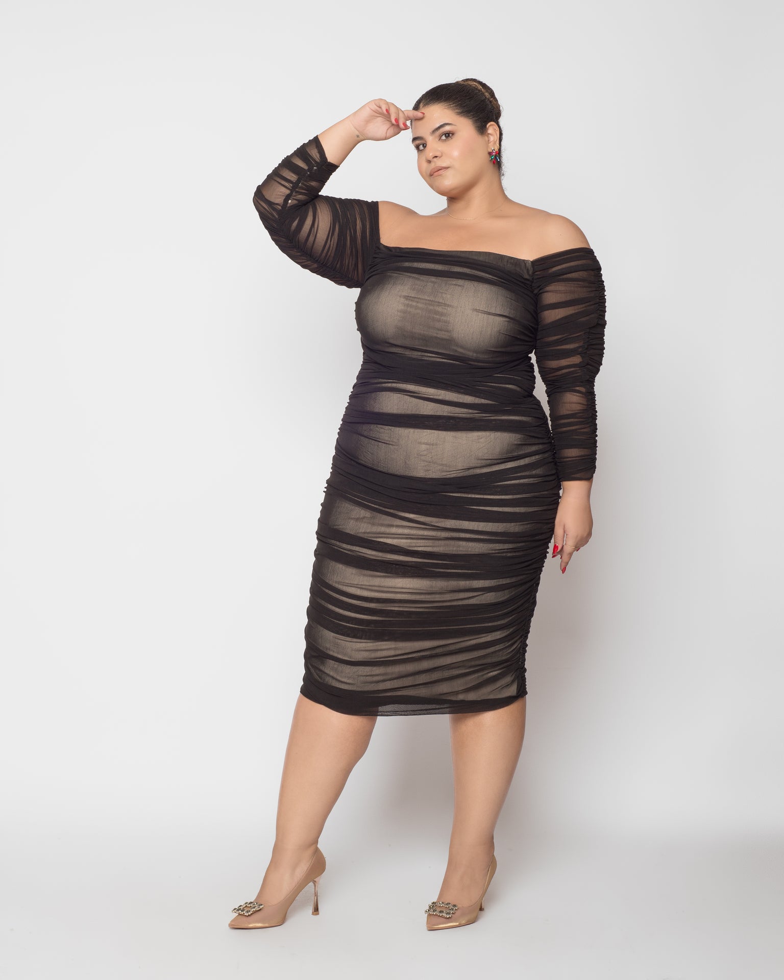Ruched Tulle Midi Dress - Black