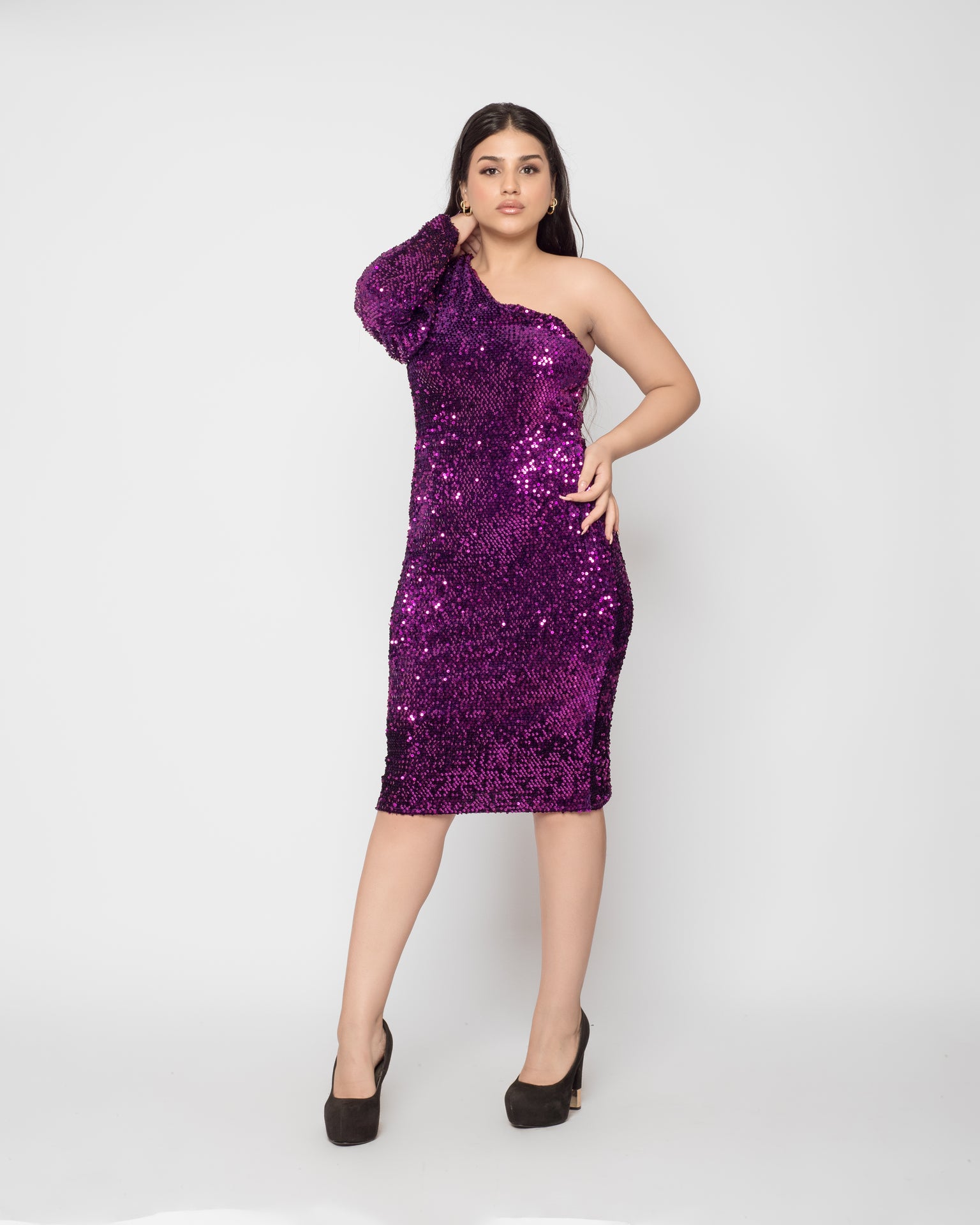 Velvet sequin puff sleeve dress - purple
