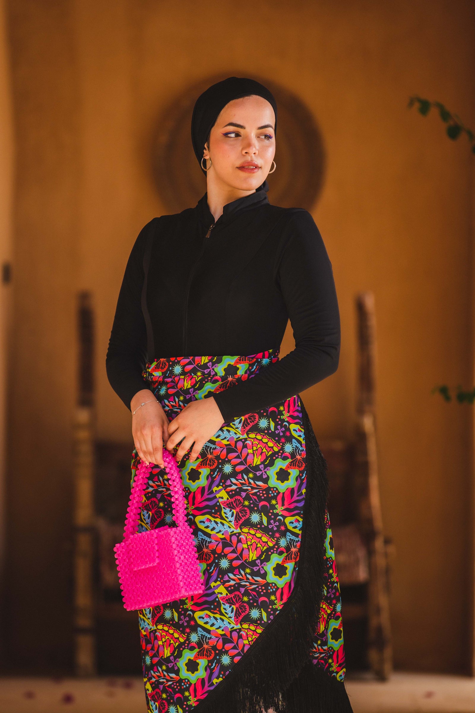 Butterfly Wrap Skirt with Fringes - Black