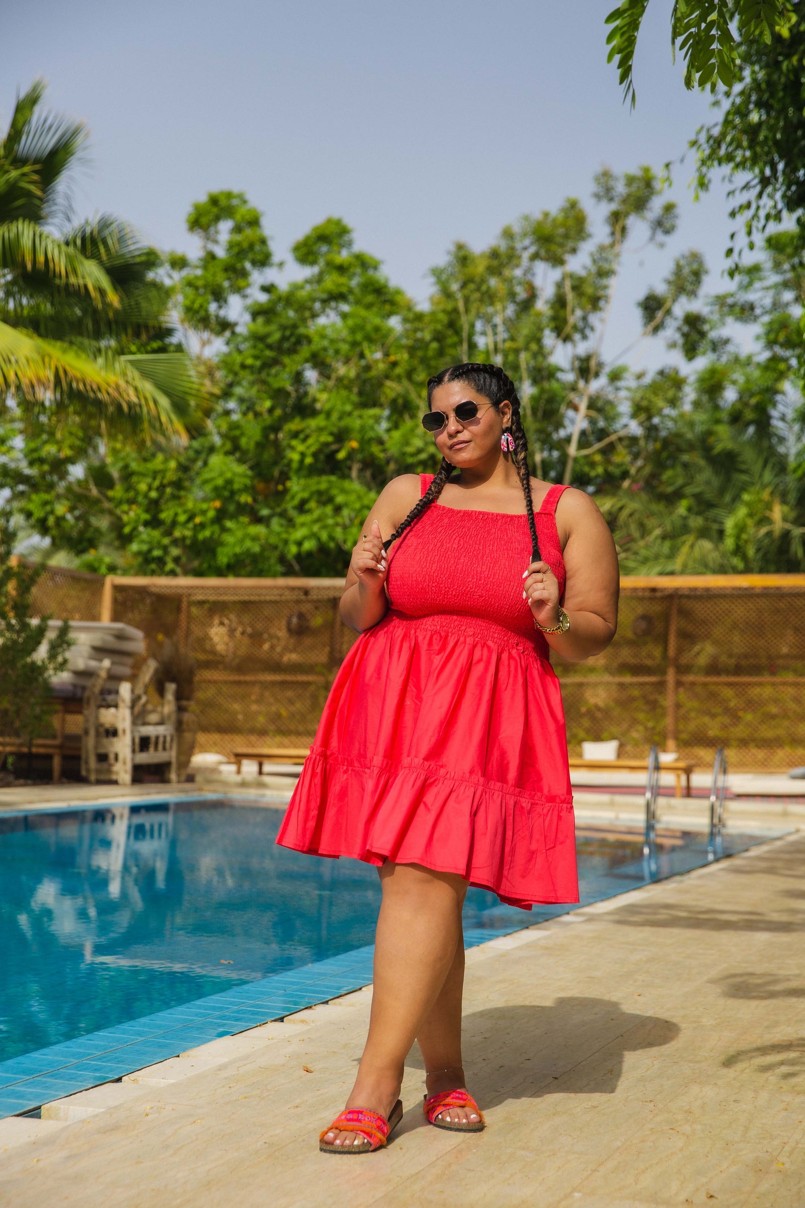 Smocked Poplin Dress - Red