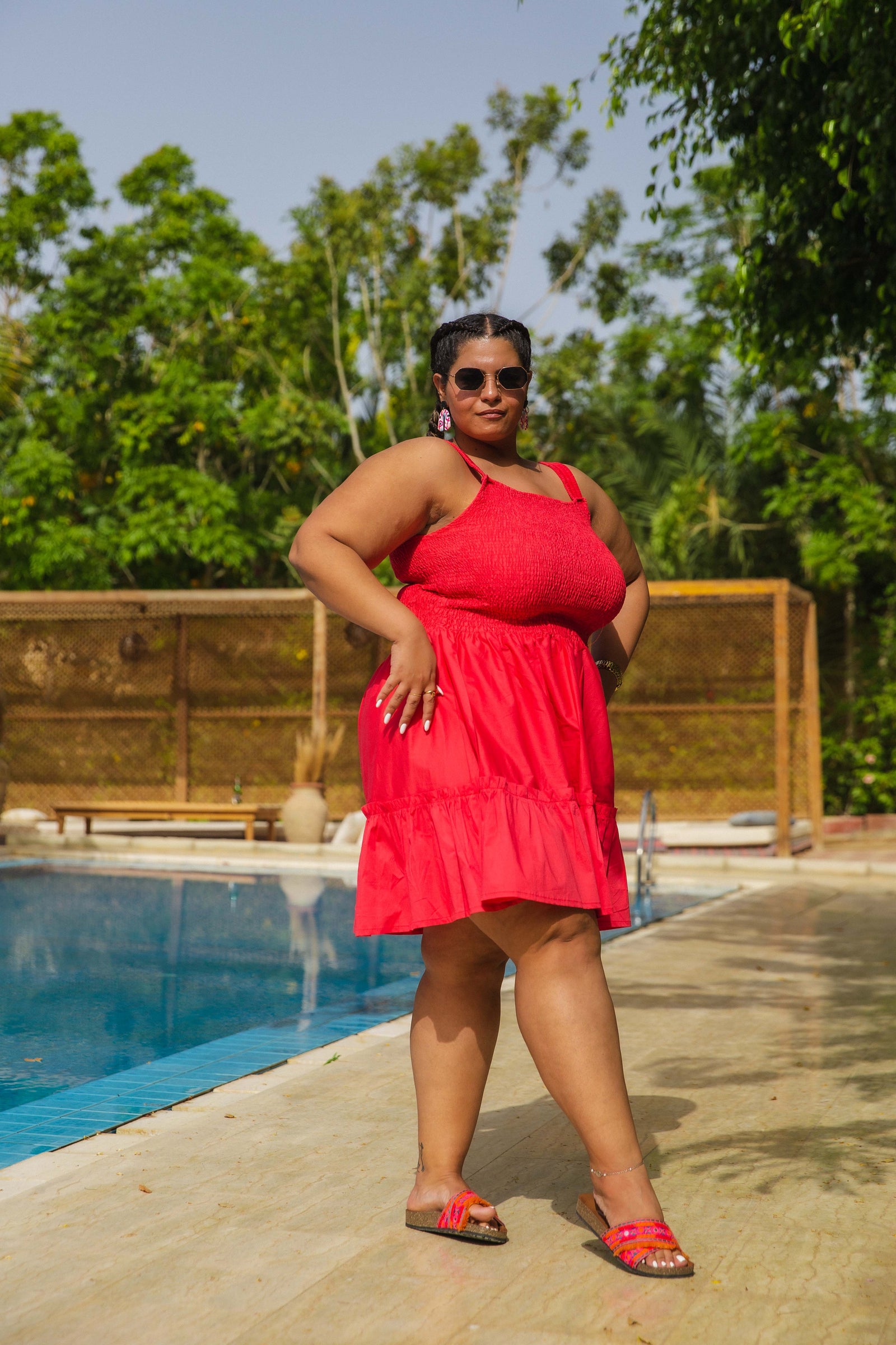 Smocked Poplin Dress - Red