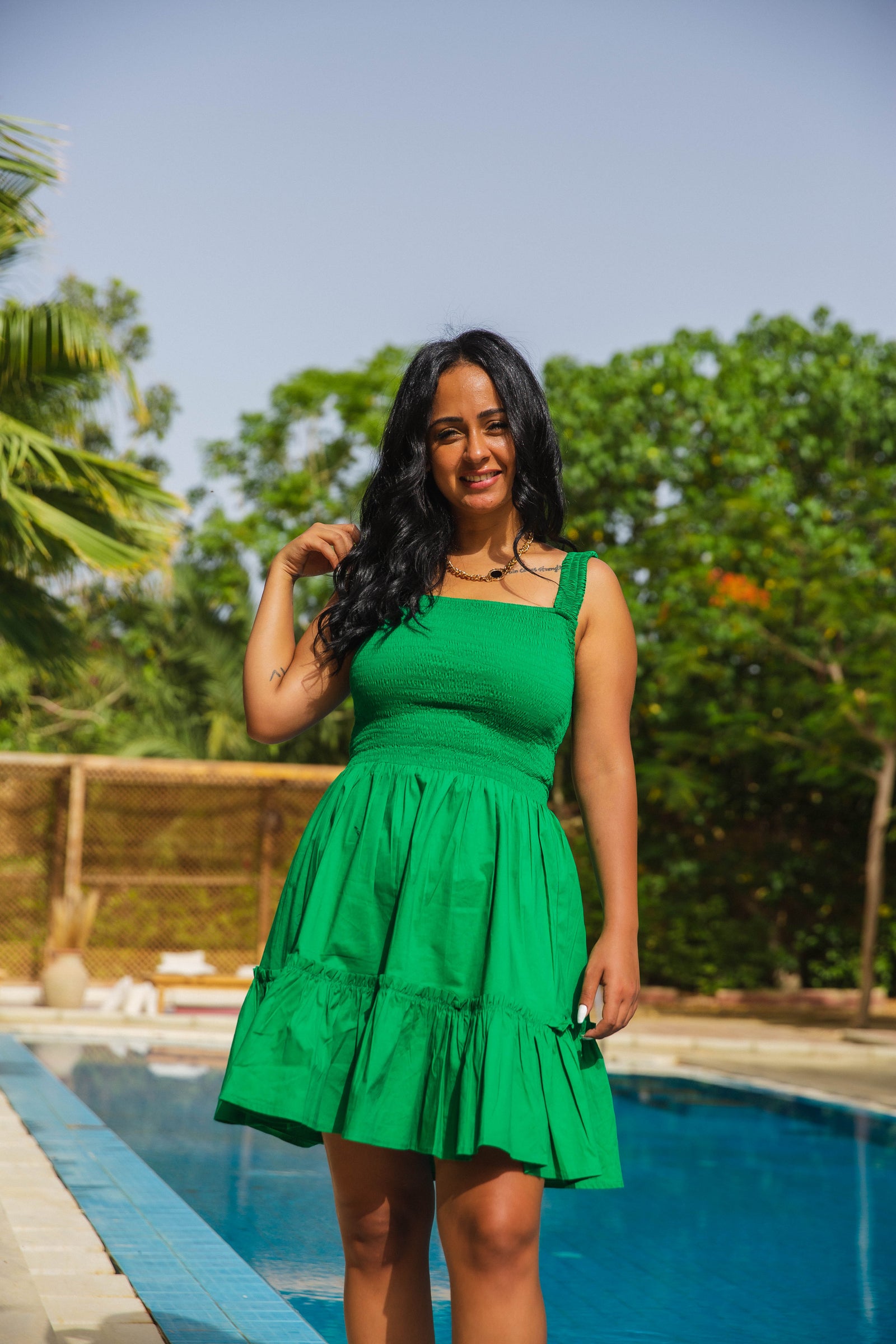 Smocked Poplin Dress - Green