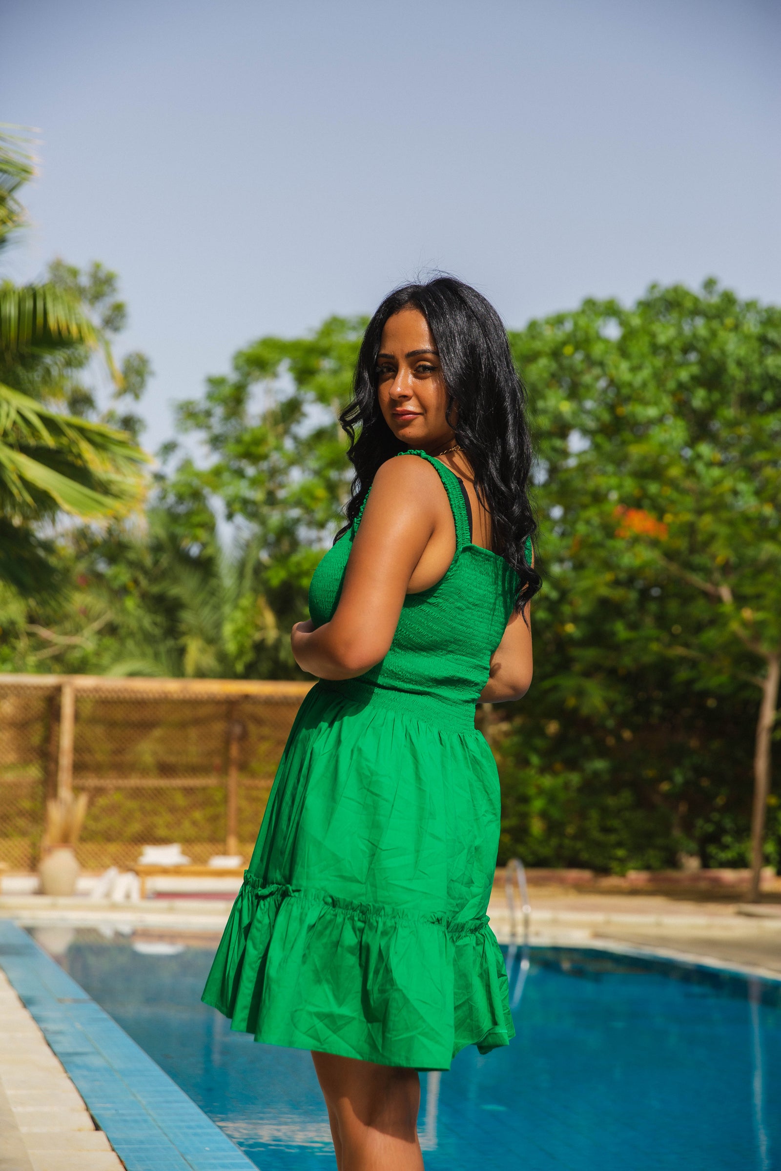Smocked Poplin Dress - Green