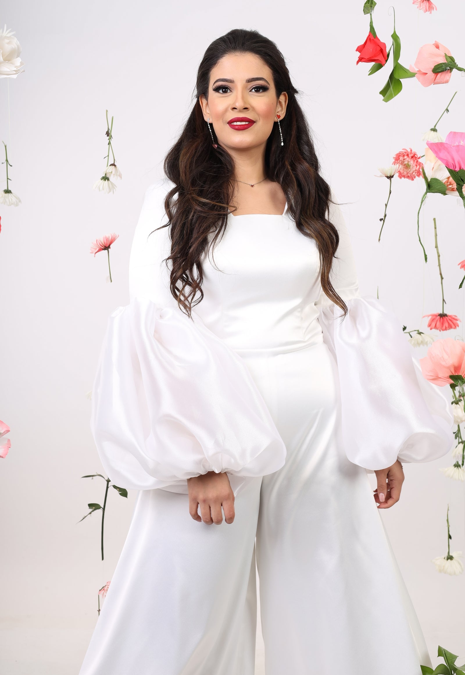 Satin Jumpsuit with puff cuff - White