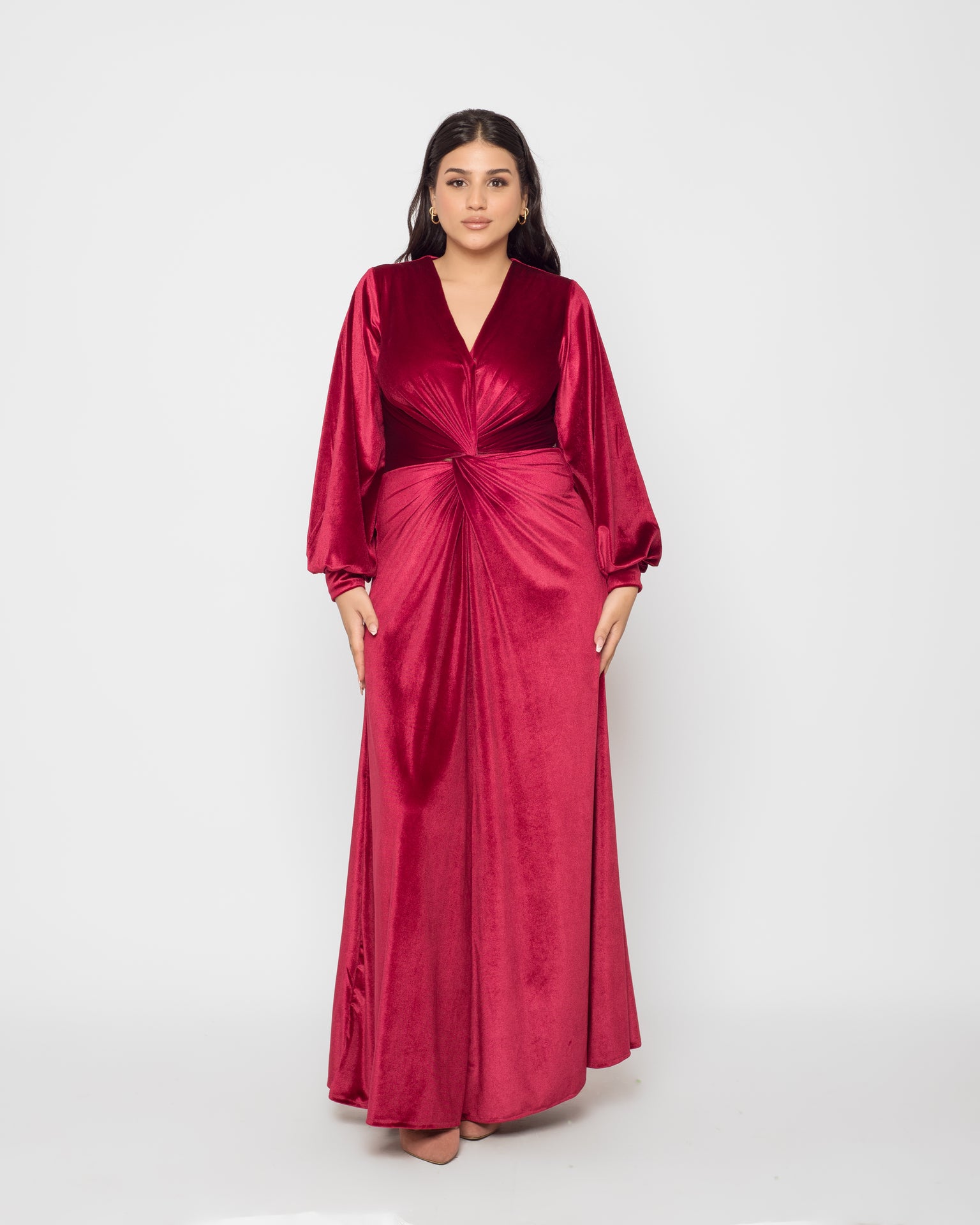 Front Twist Maxi Velvet Dress - Maroon