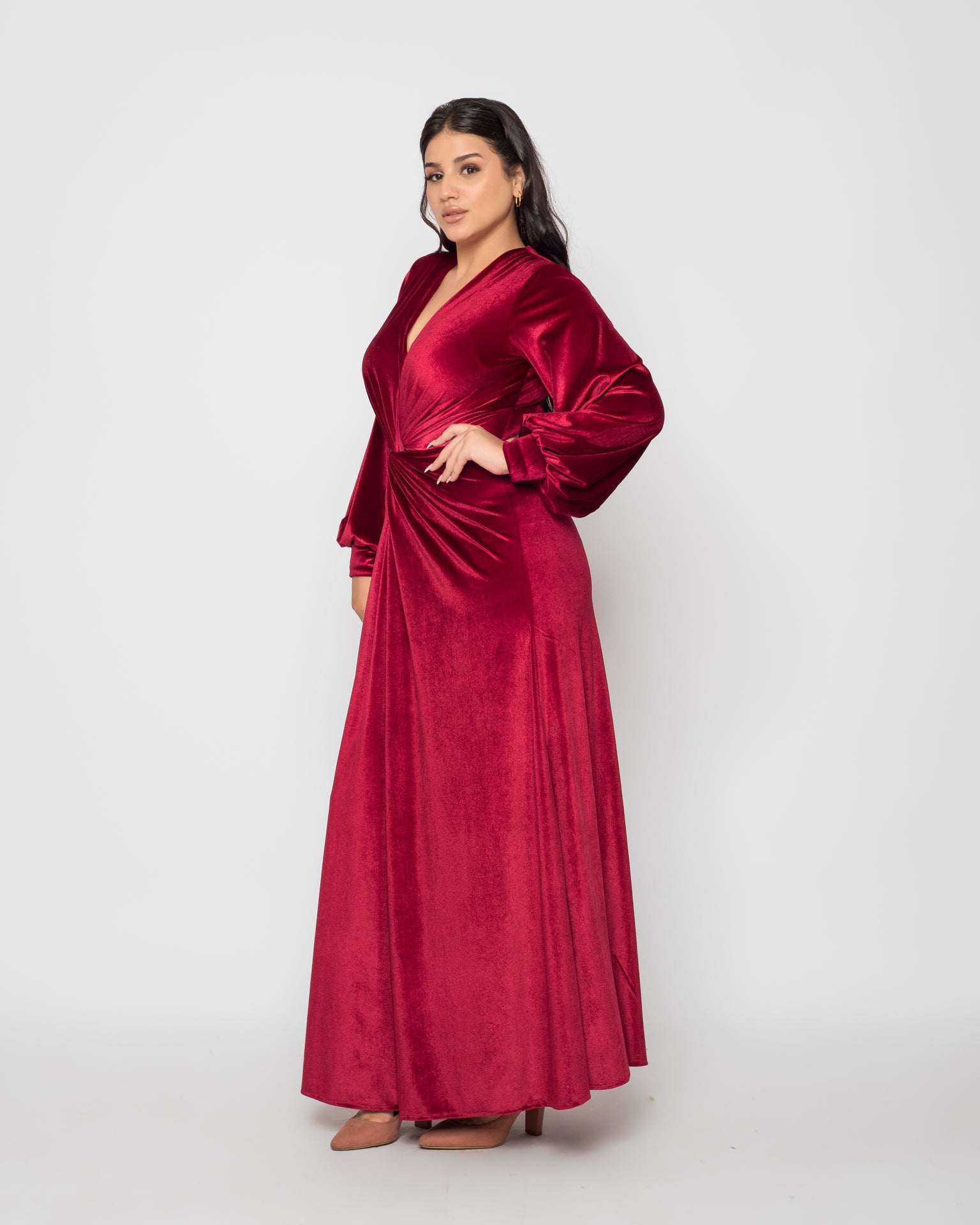 Front Twist Maxi Velvet Dress - Maroon
