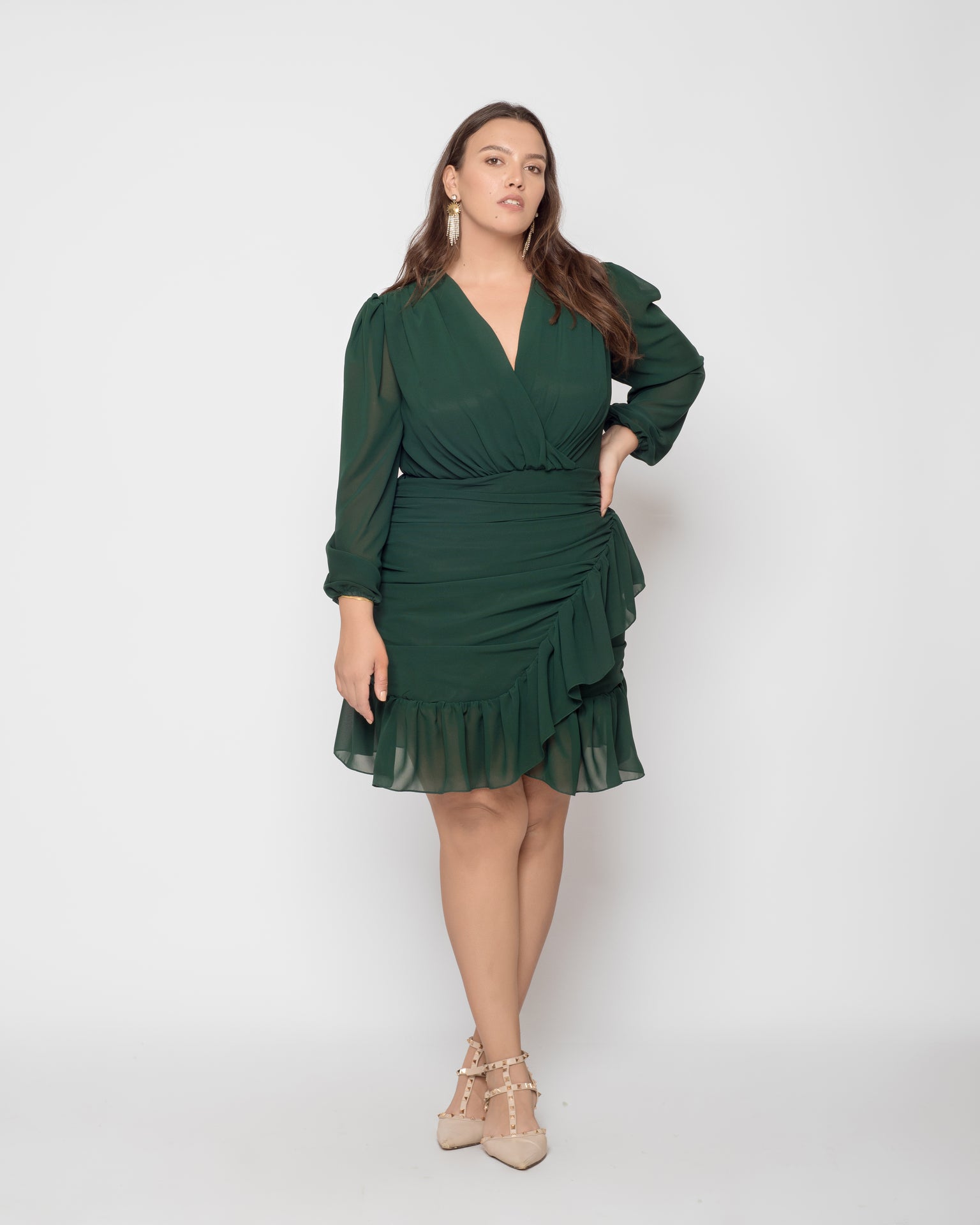 Ruffled Chiffon Dress - Emerald Green