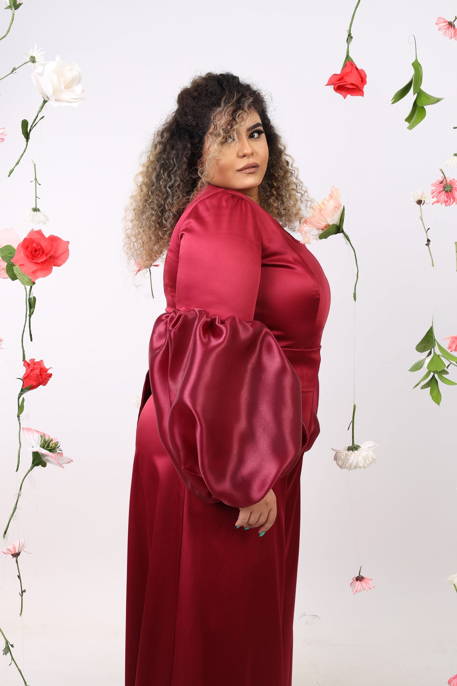 Satin Jumpsuit with puff cuff - Maroon