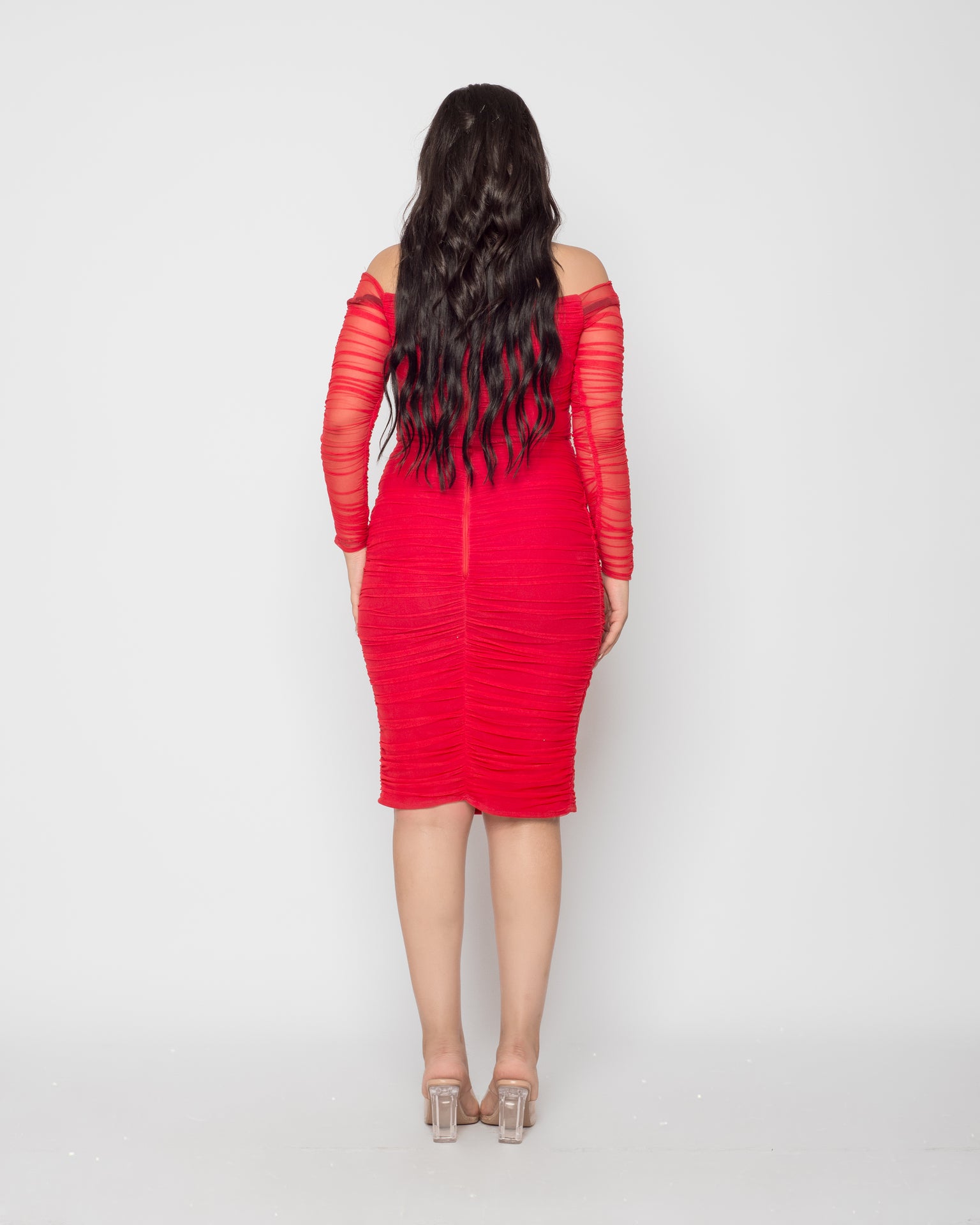 Ruched Tulle Midi Dress - Red