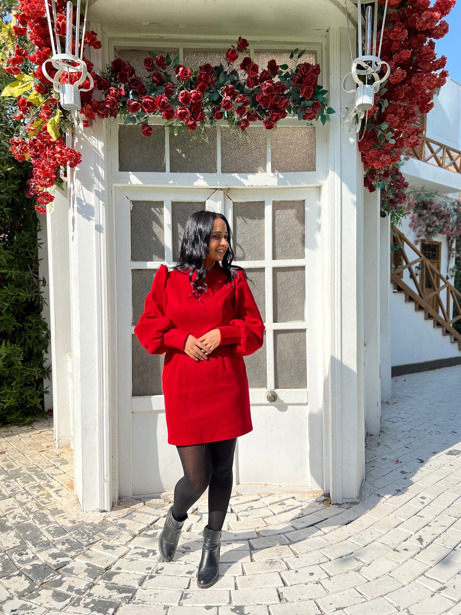 Mid calf Wool Dress With puff sleeves