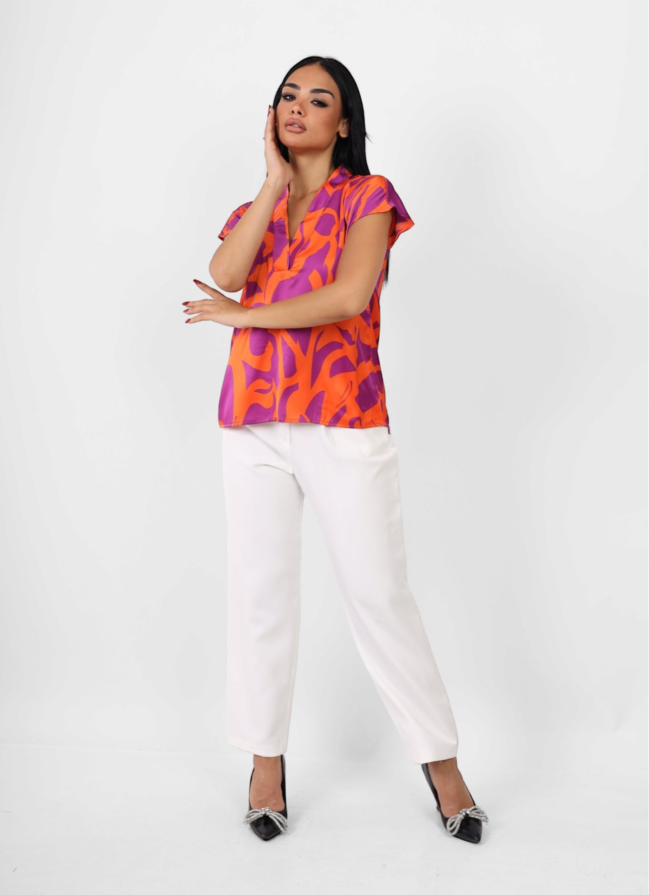 Collar neckline silk top - orange