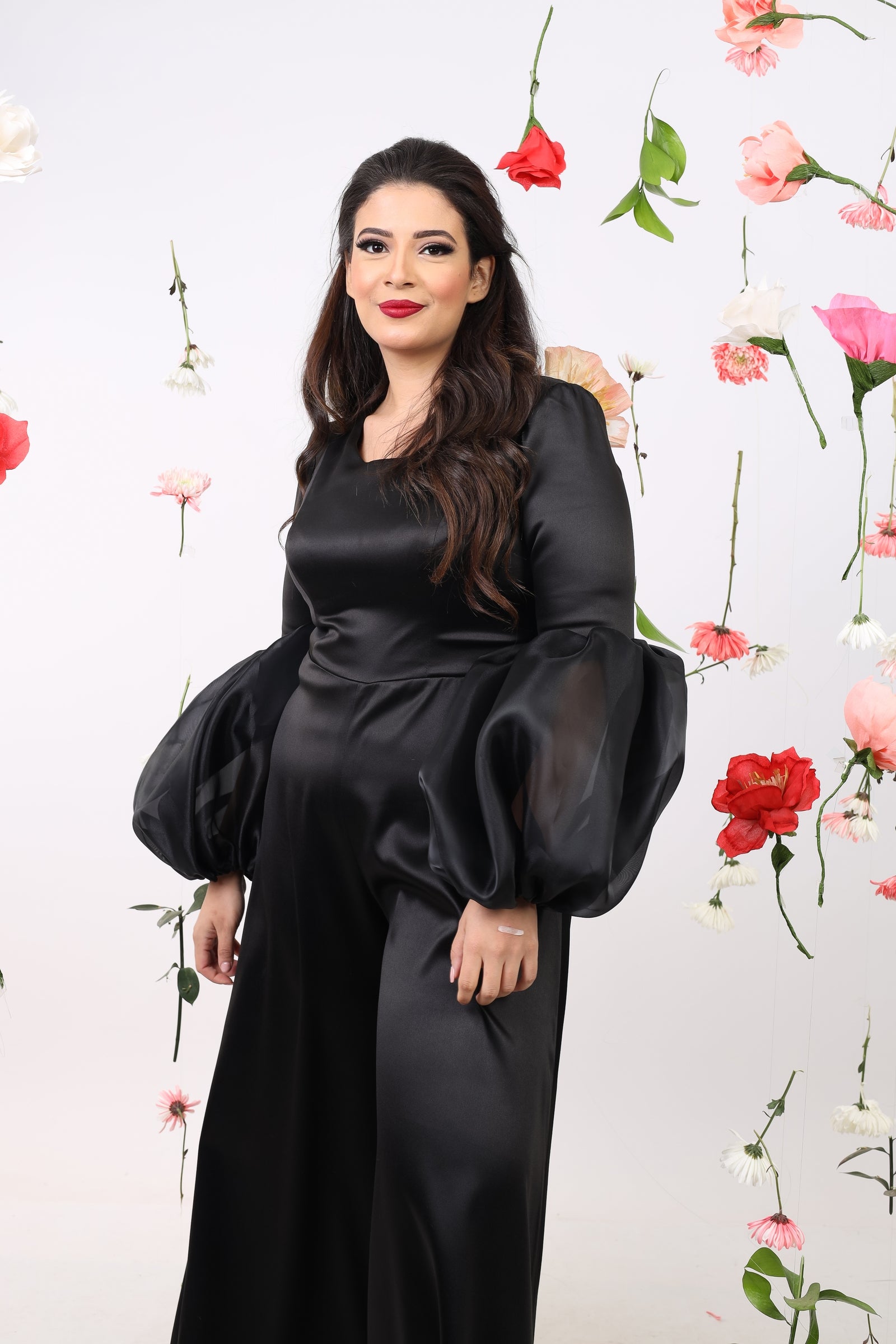 Satin Jumpsuit with puff cuff - black