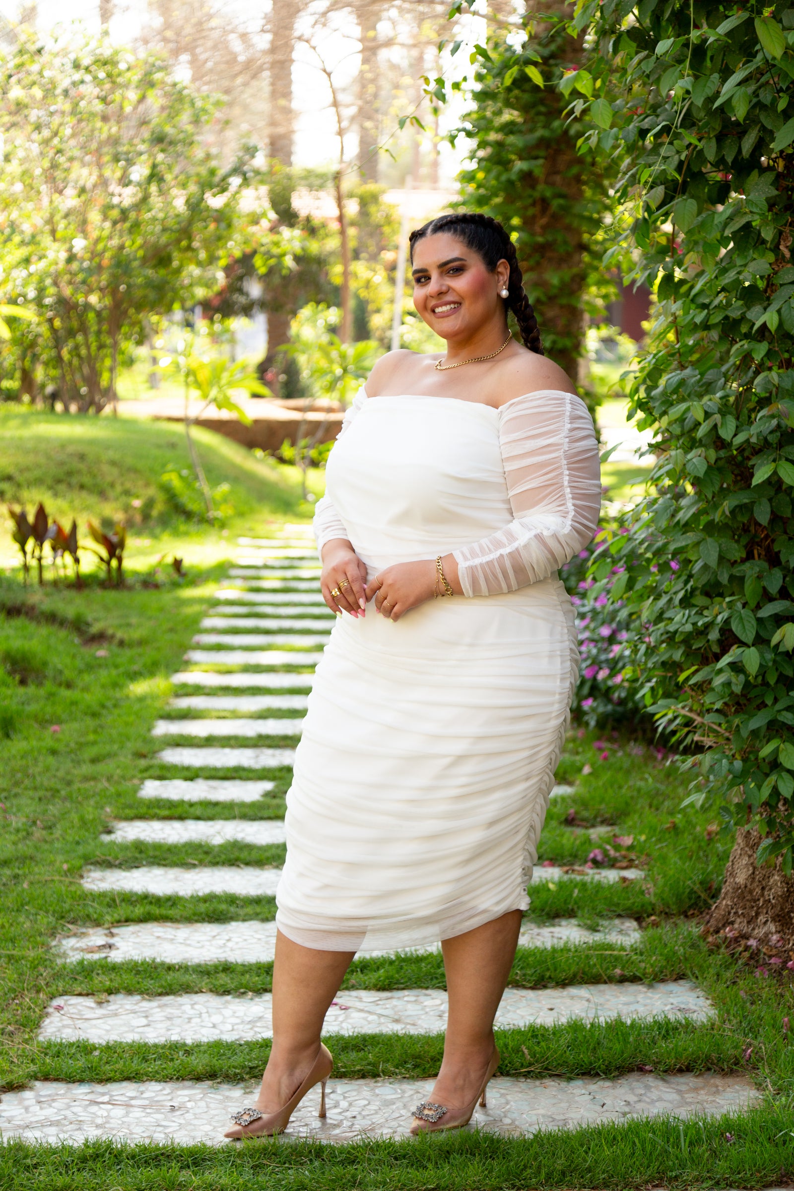 Ruched Tulle Midi Dress - White