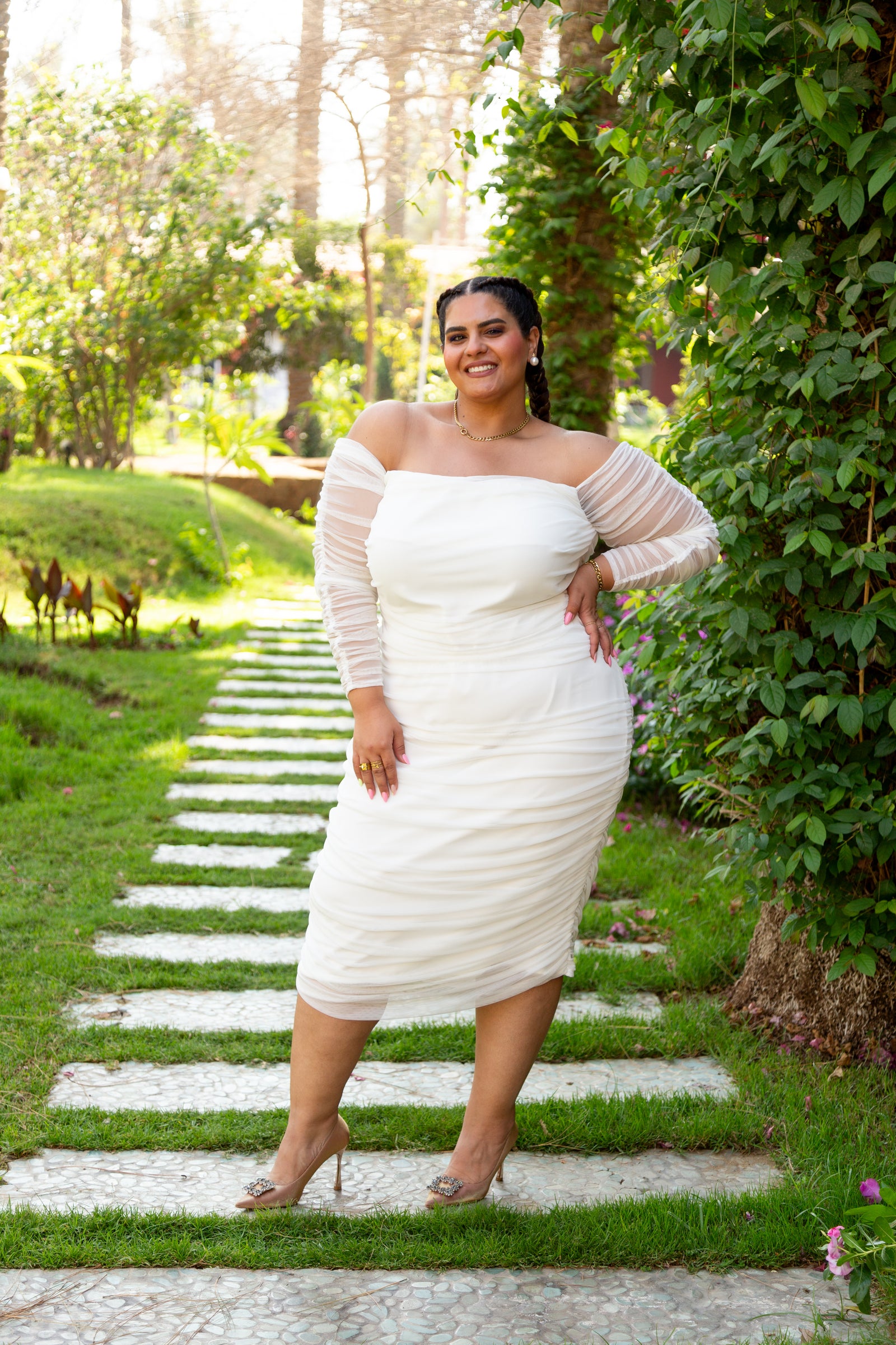 Ruched Tulle Midi Dress - White