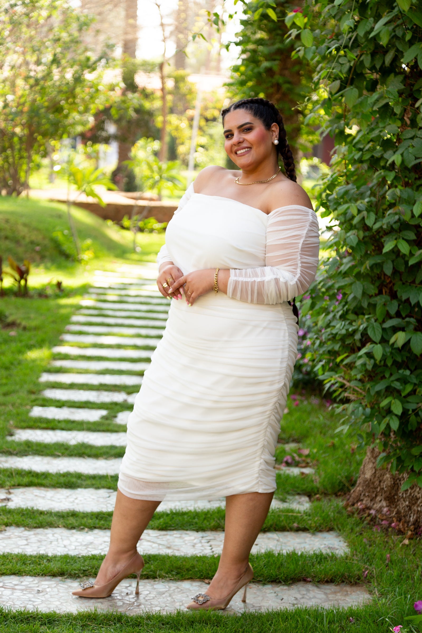 Ruched Tulle Midi Dress - White