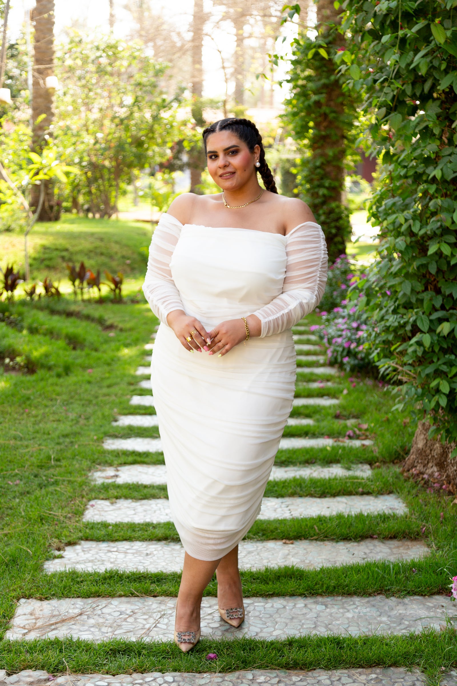 Ruched Tulle Midi Dress - White