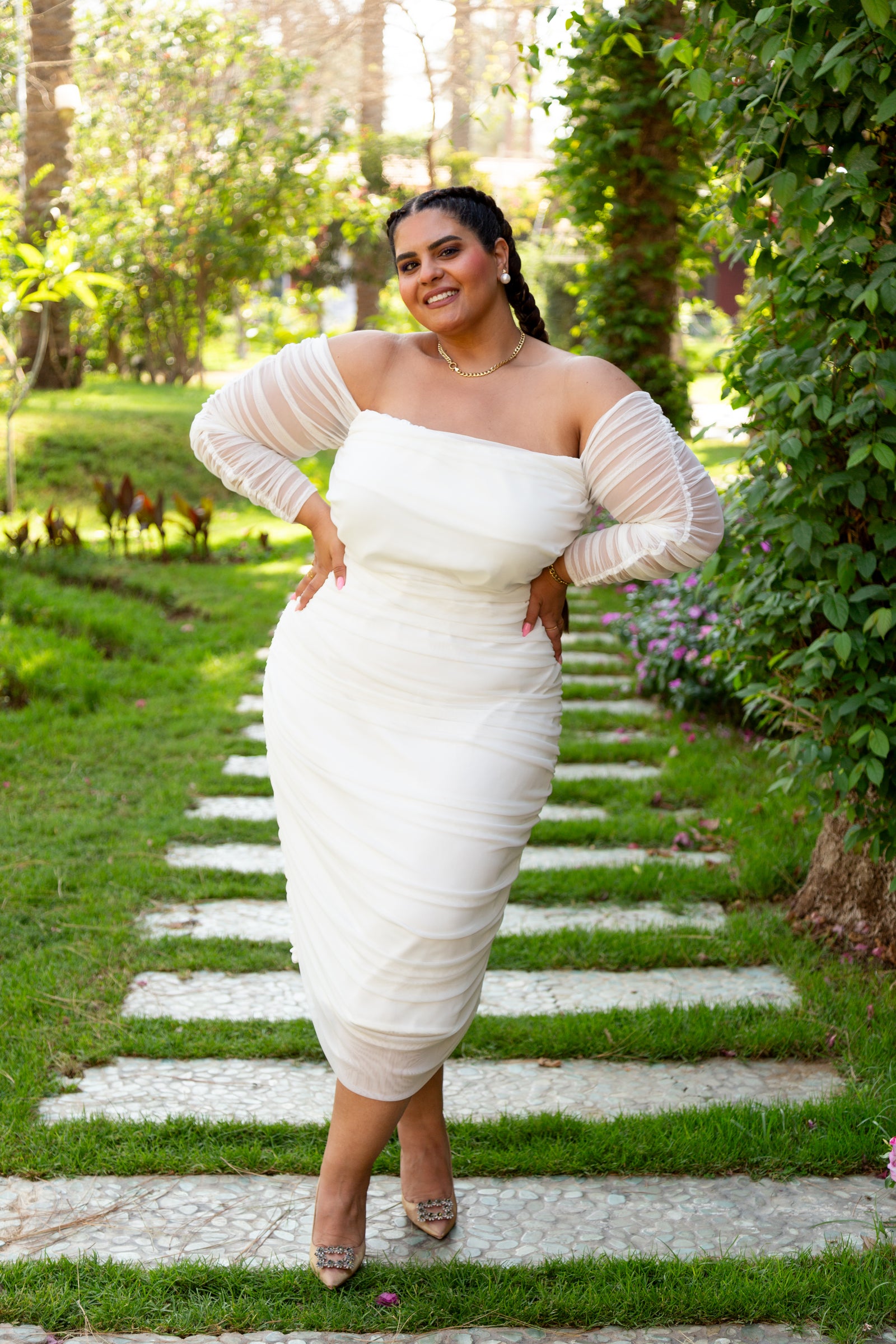 Ruched Tulle Midi Dress - White