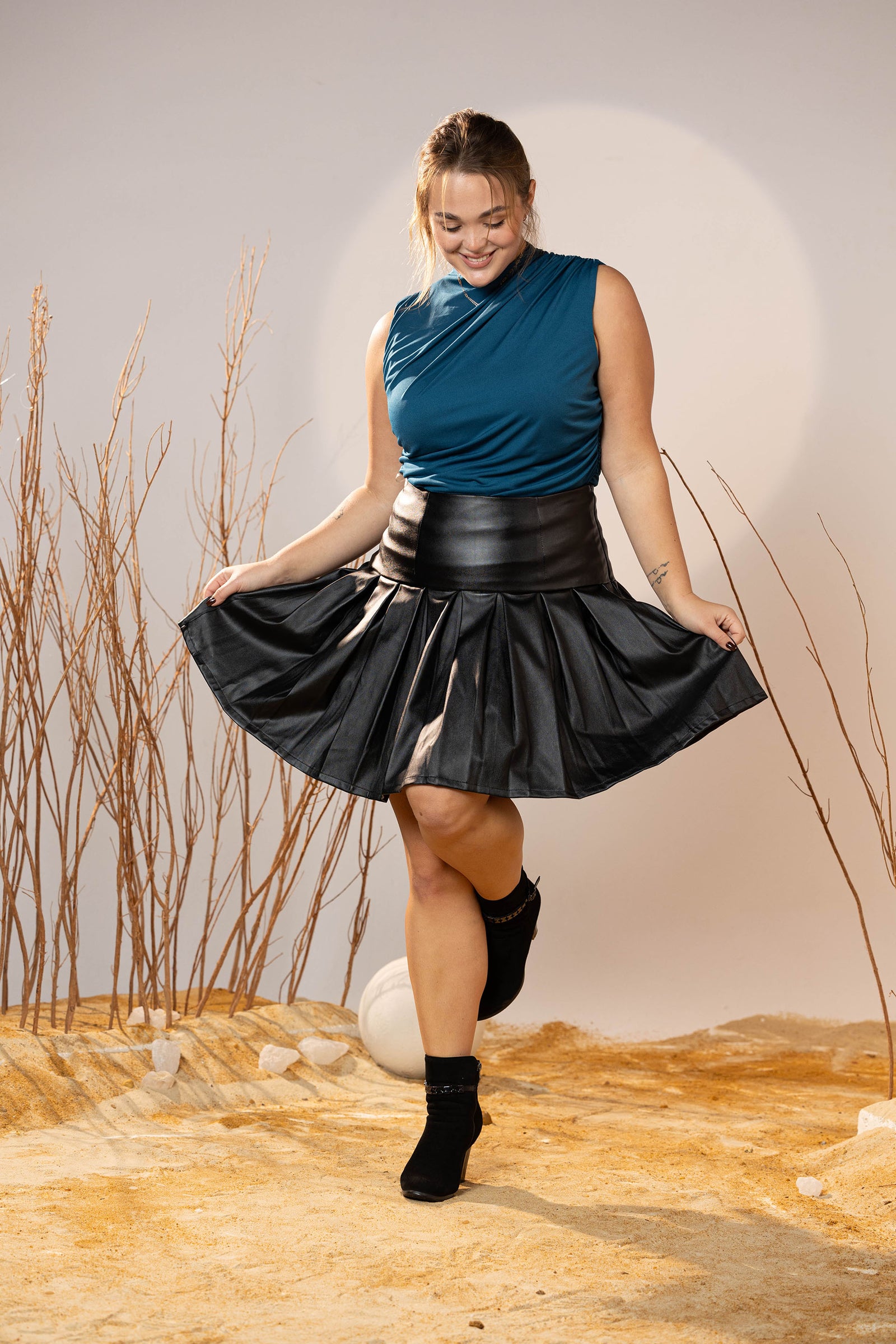 Black Pleated Leather Mini Skirt