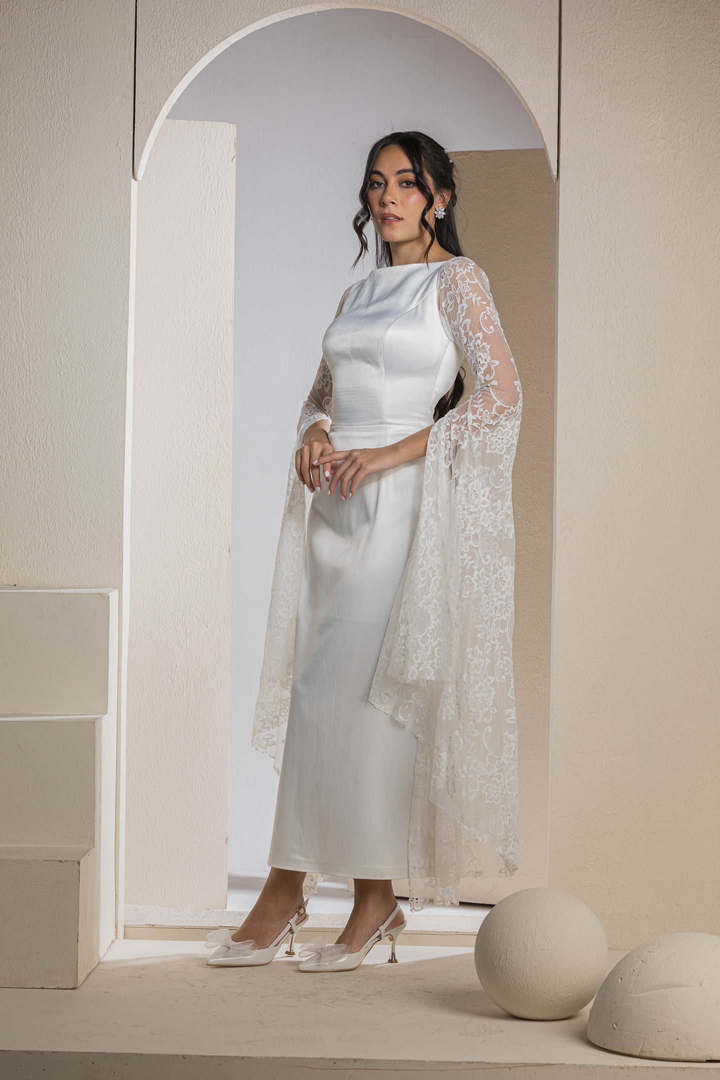 Bridal Belle Lace Sleeve Gown - White
