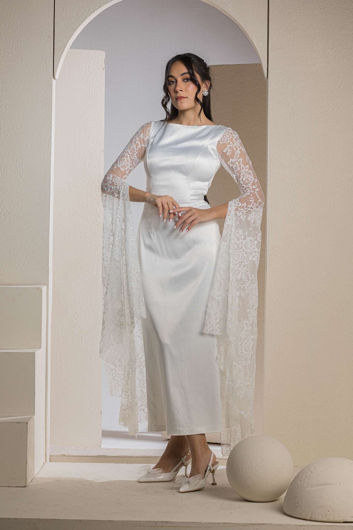 Bridal Belle Lace Sleeve Gown - White