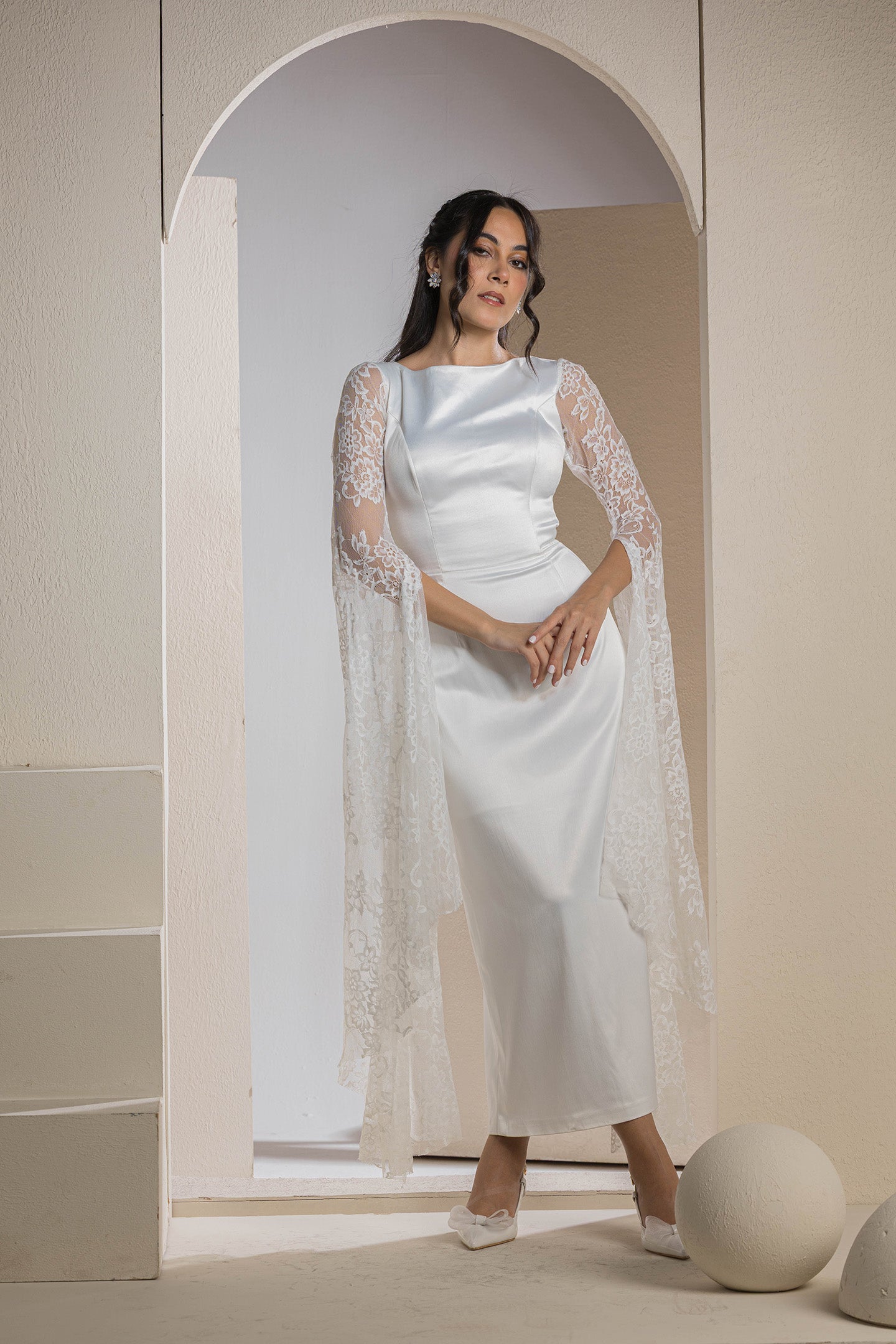 Bridal Belle Lace Sleeve Gown - White