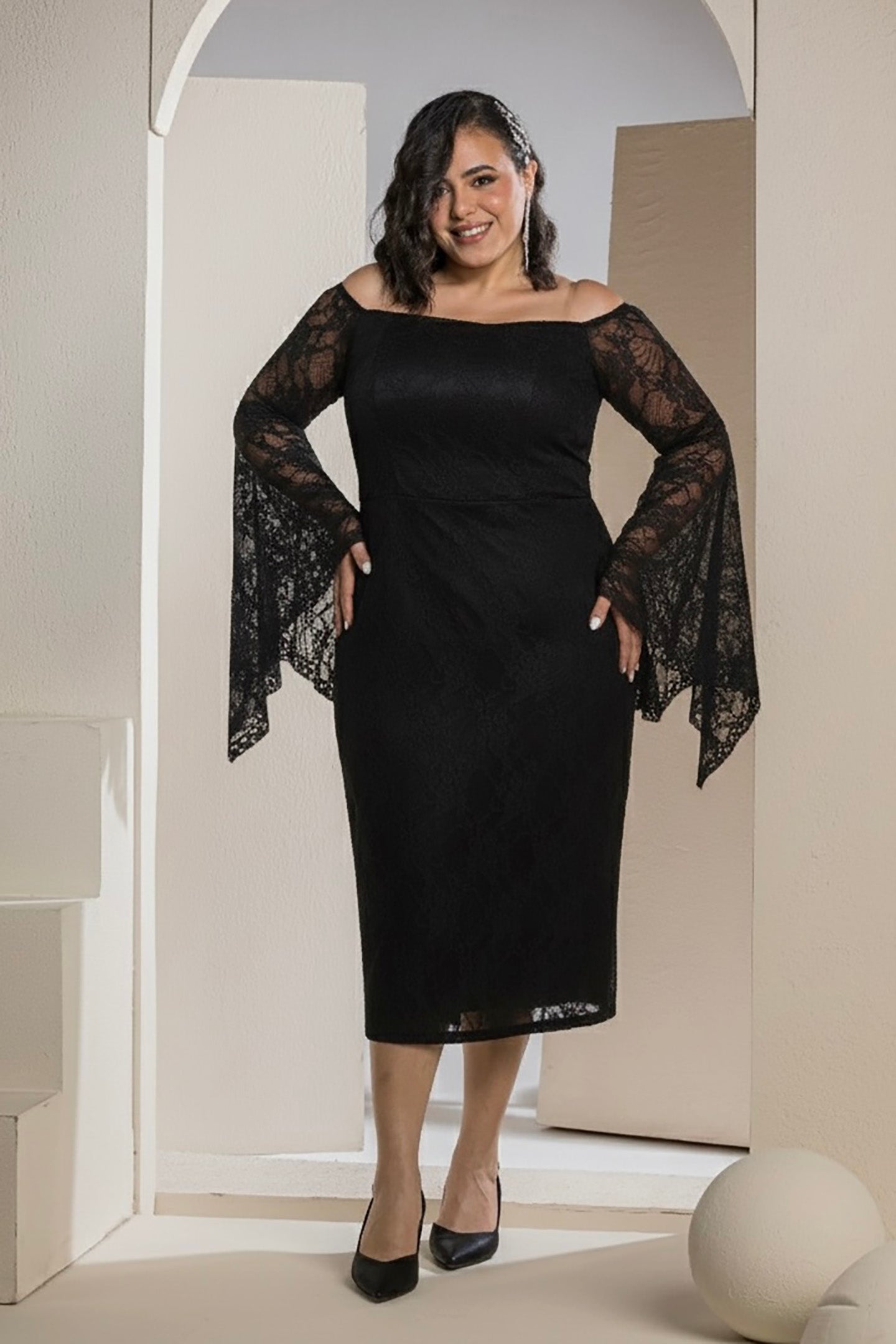 Butterfly Sleeve Lace Dress - Black