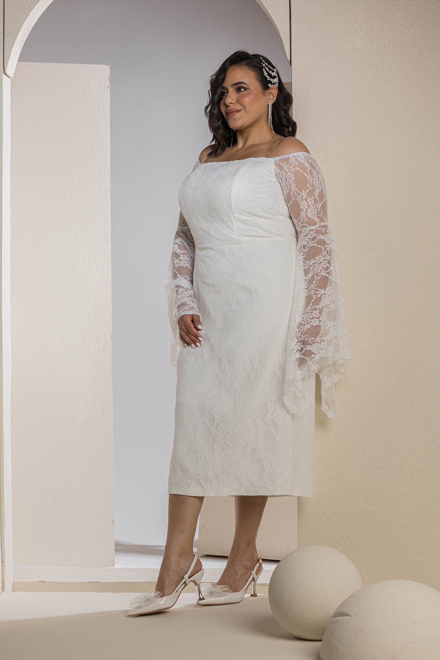 Butterfly Sleeve Lace Dress - White