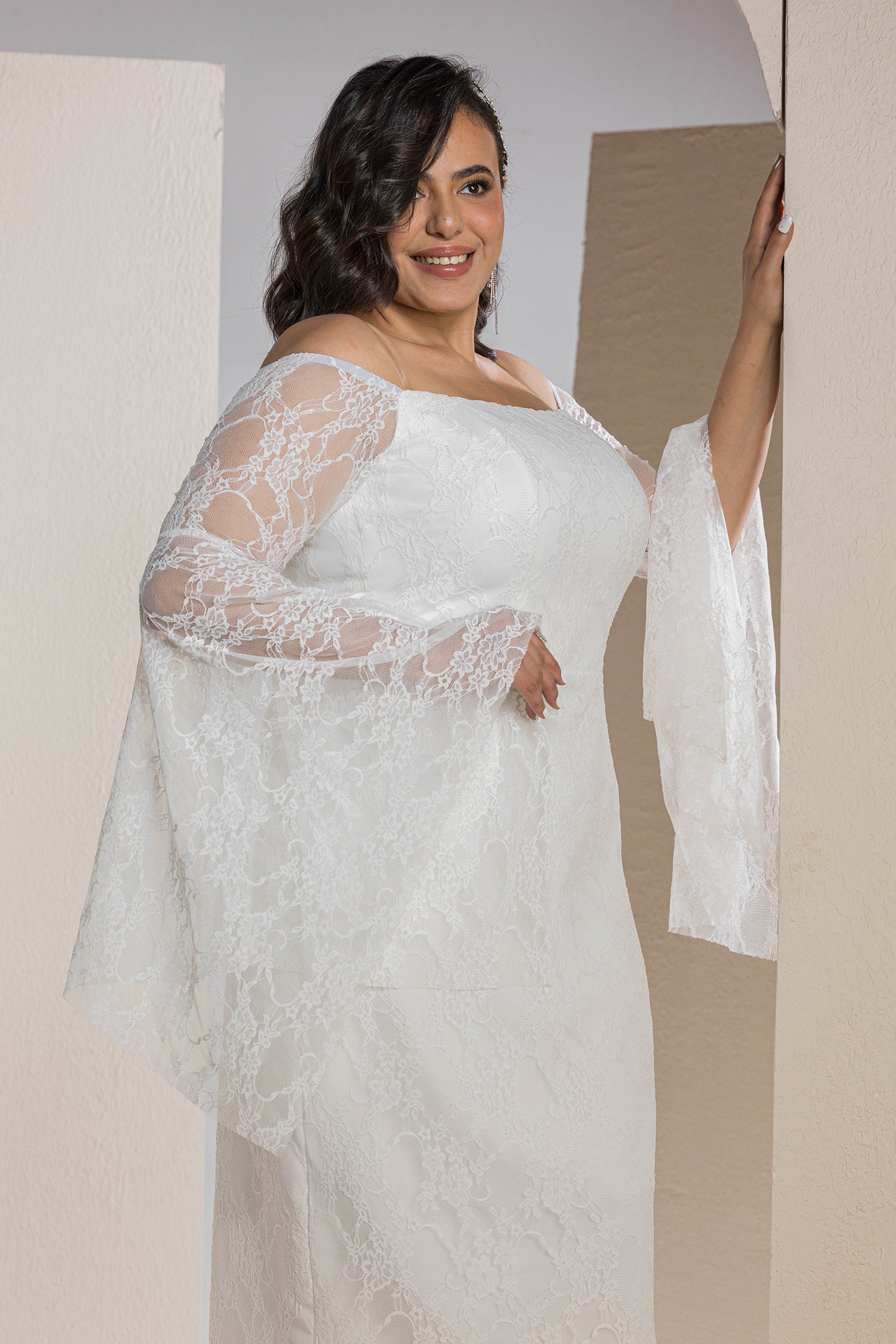 Butterfly Sleeve Lace Dress - White