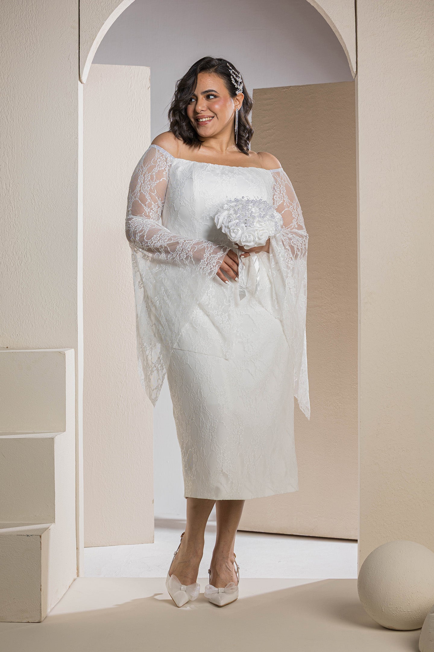 Butterfly Sleeve Lace Dress - White