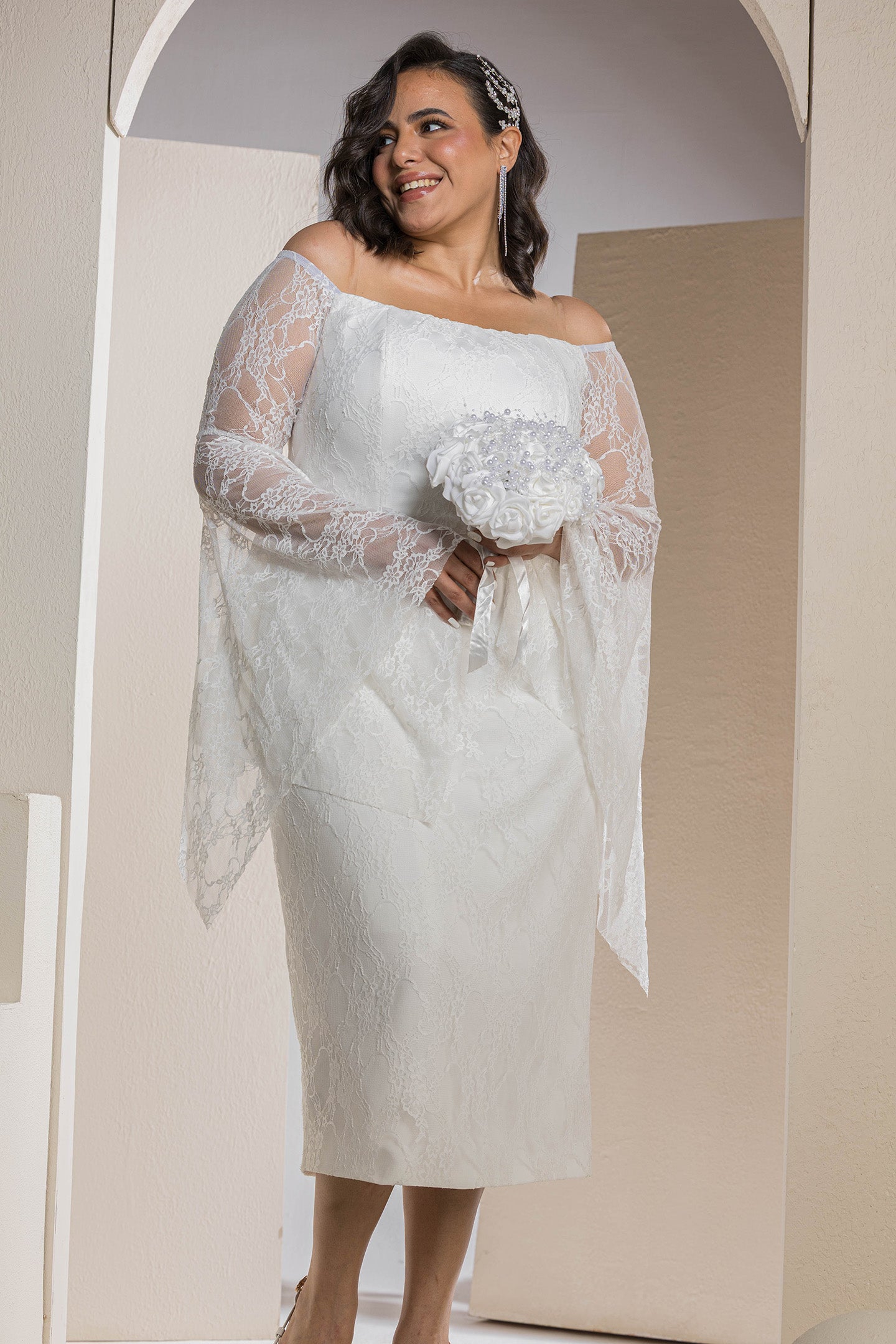 Butterfly Sleeve Lace Dress - White