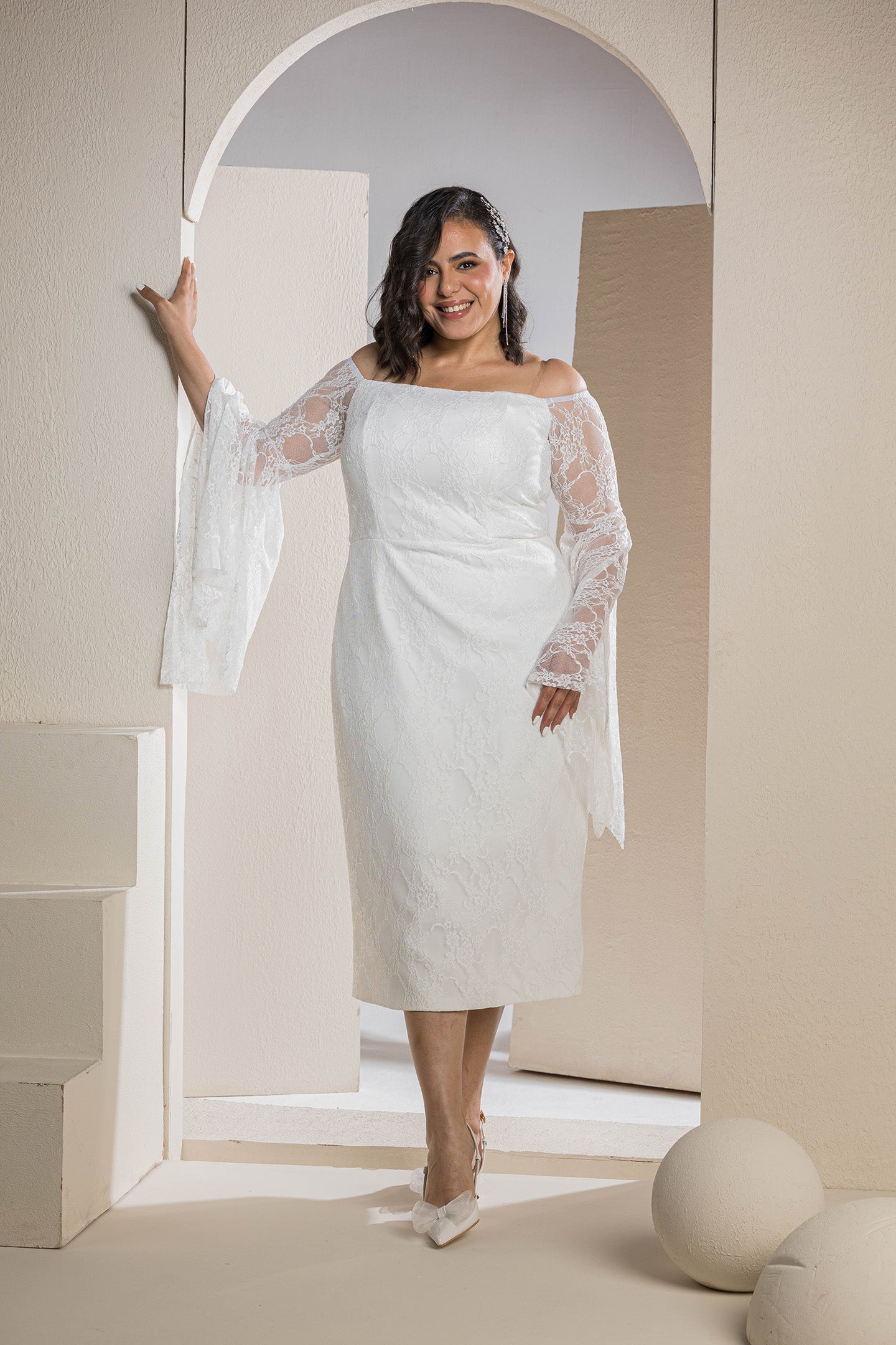 Butterfly Sleeve Lace Dress - White
