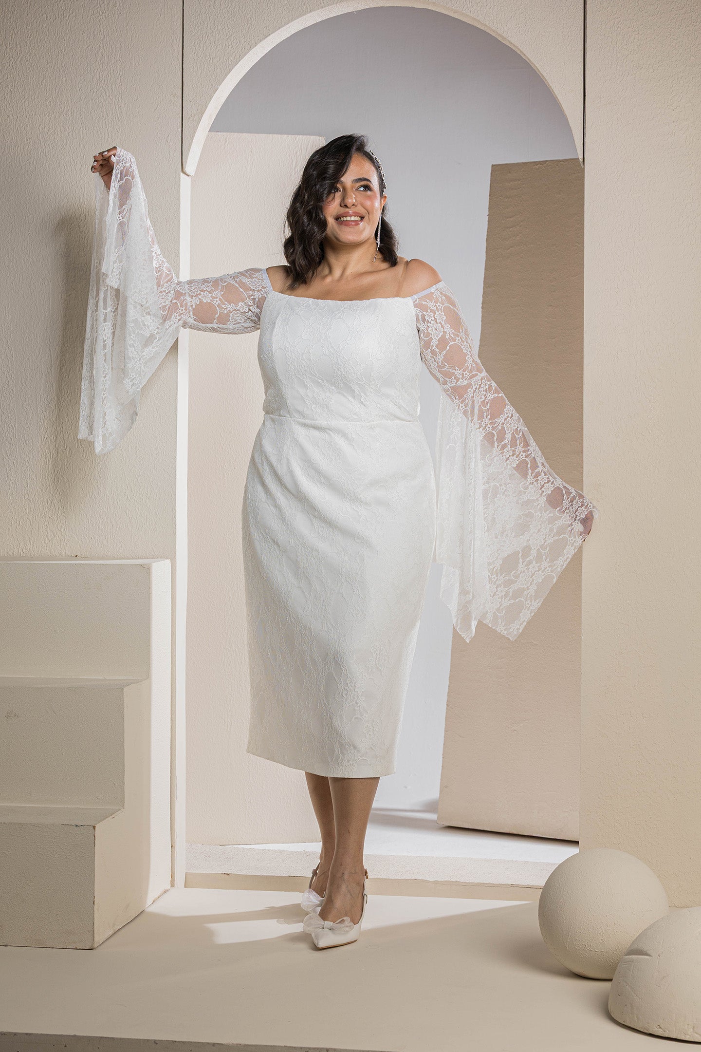 Butterfly Sleeve Lace Dress - White