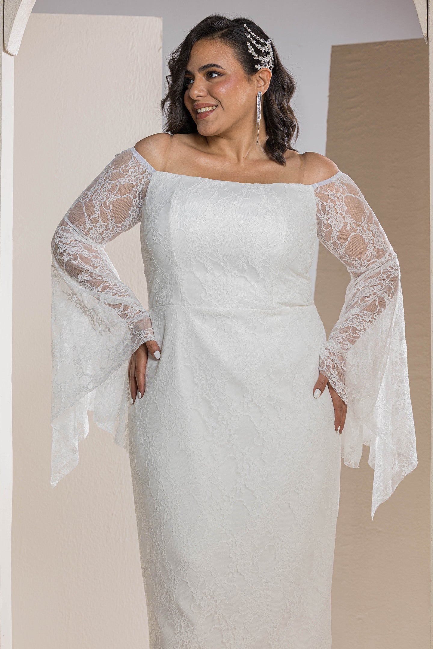 Butterfly Sleeve Lace Dress - White