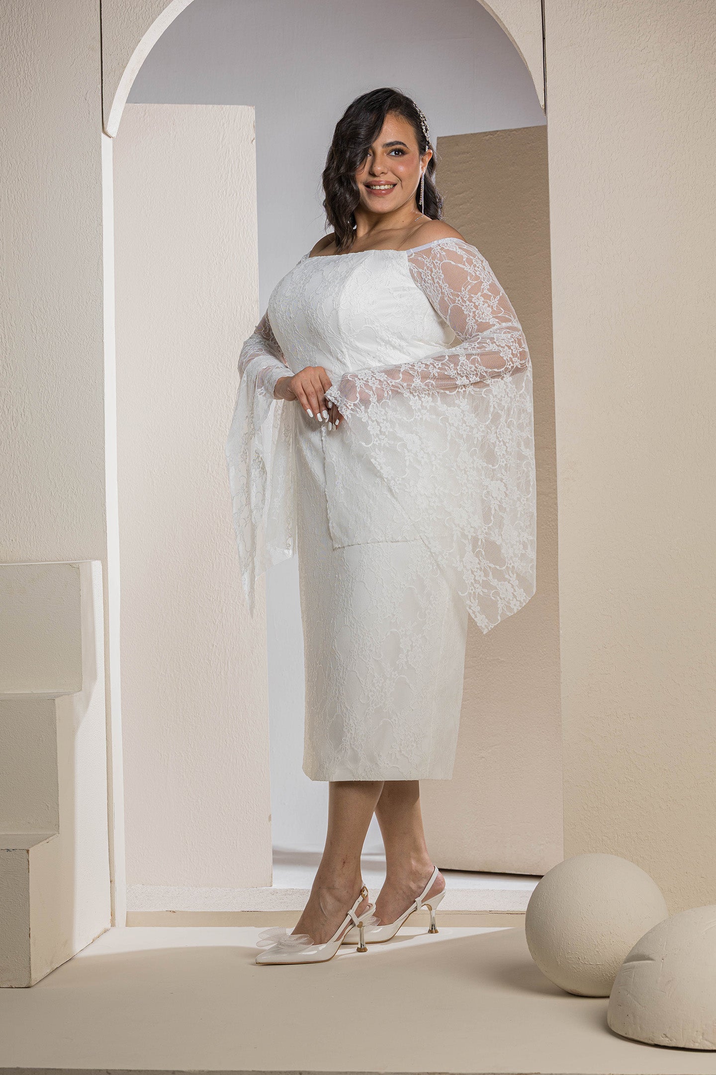 Butterfly Sleeve Lace Dress - White