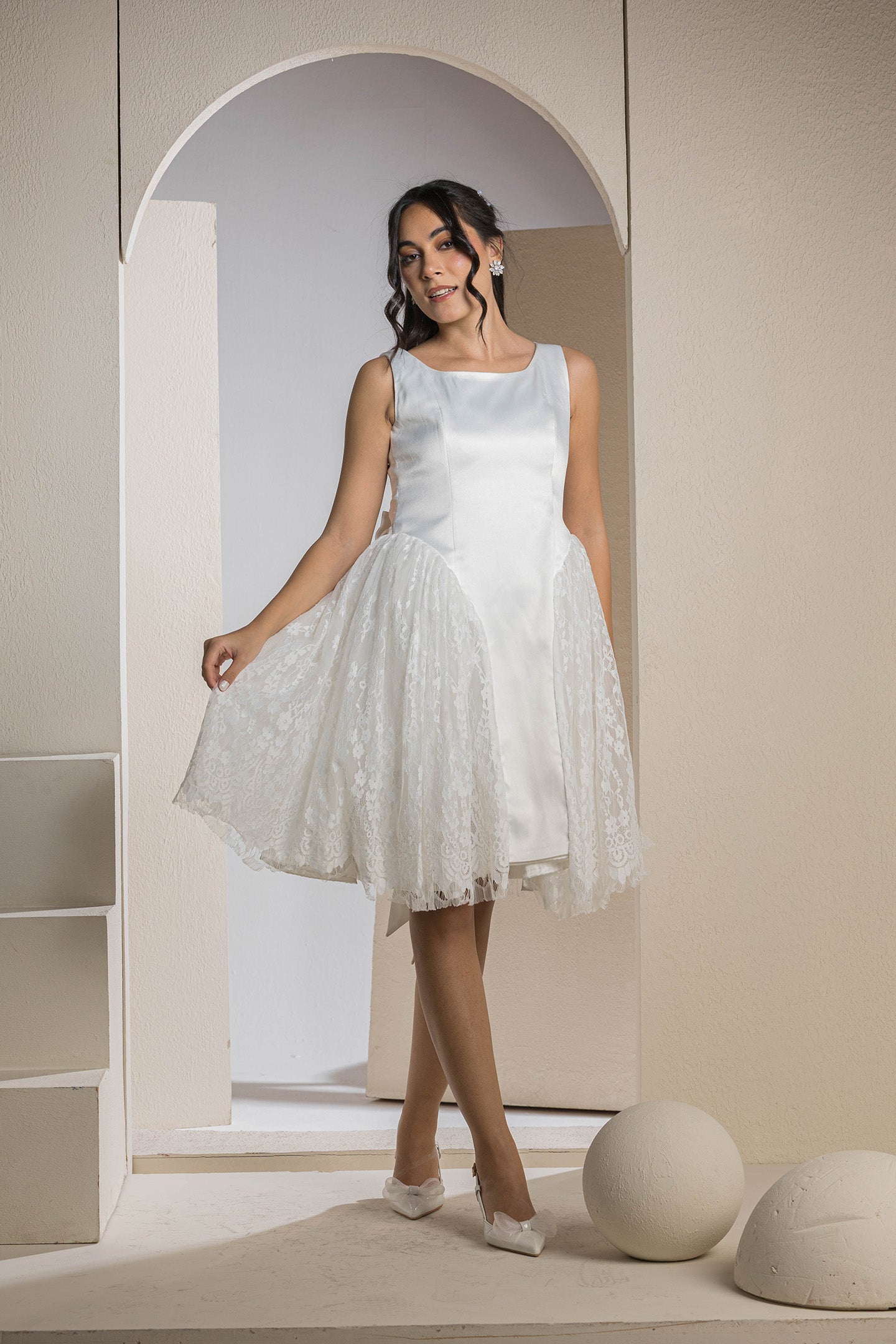 Chic Side Panel Lace Dress - White