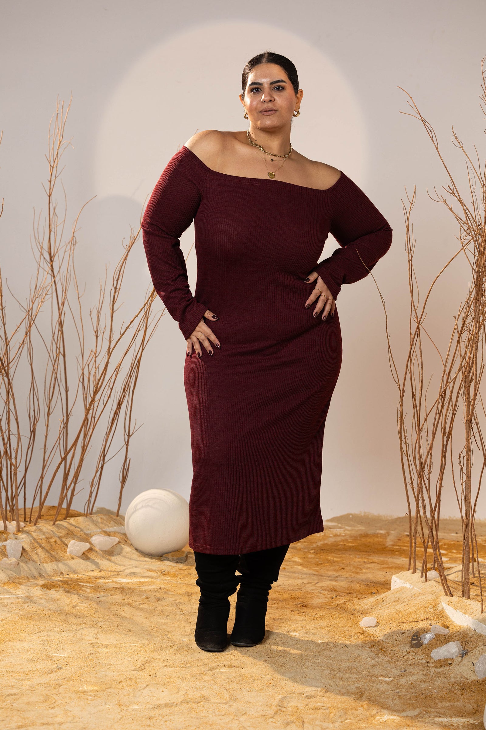Off-Shoulder Maroon Mid-Calf Rib Dress