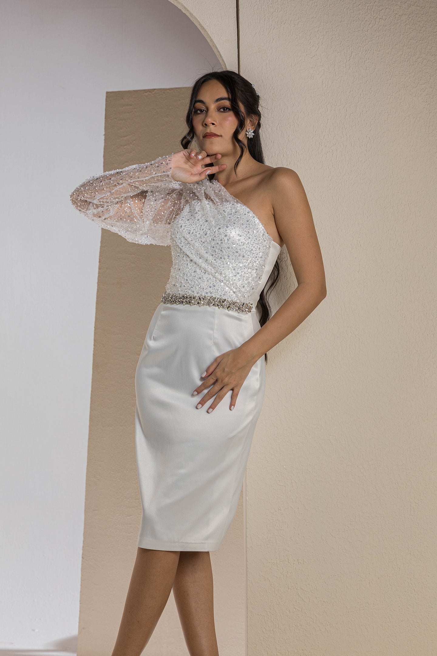 One-Shoulder Sparkle Sleeve Midi Dress - White