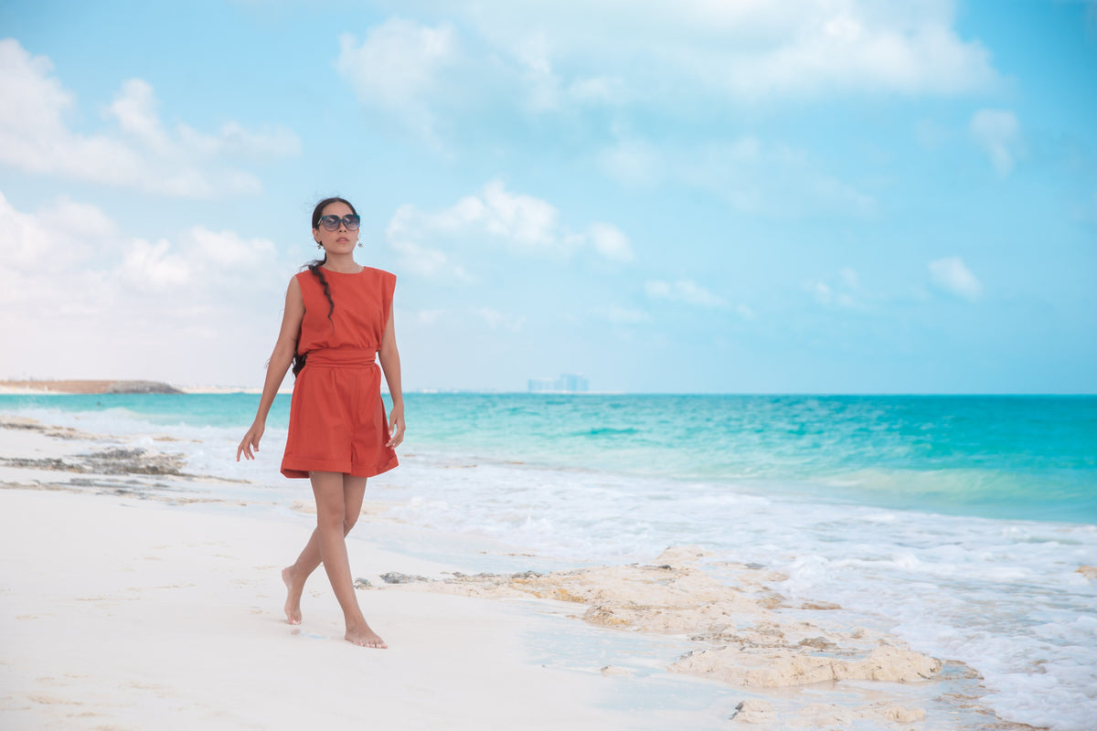 Sleeveless linen Jumpsuit - Orange