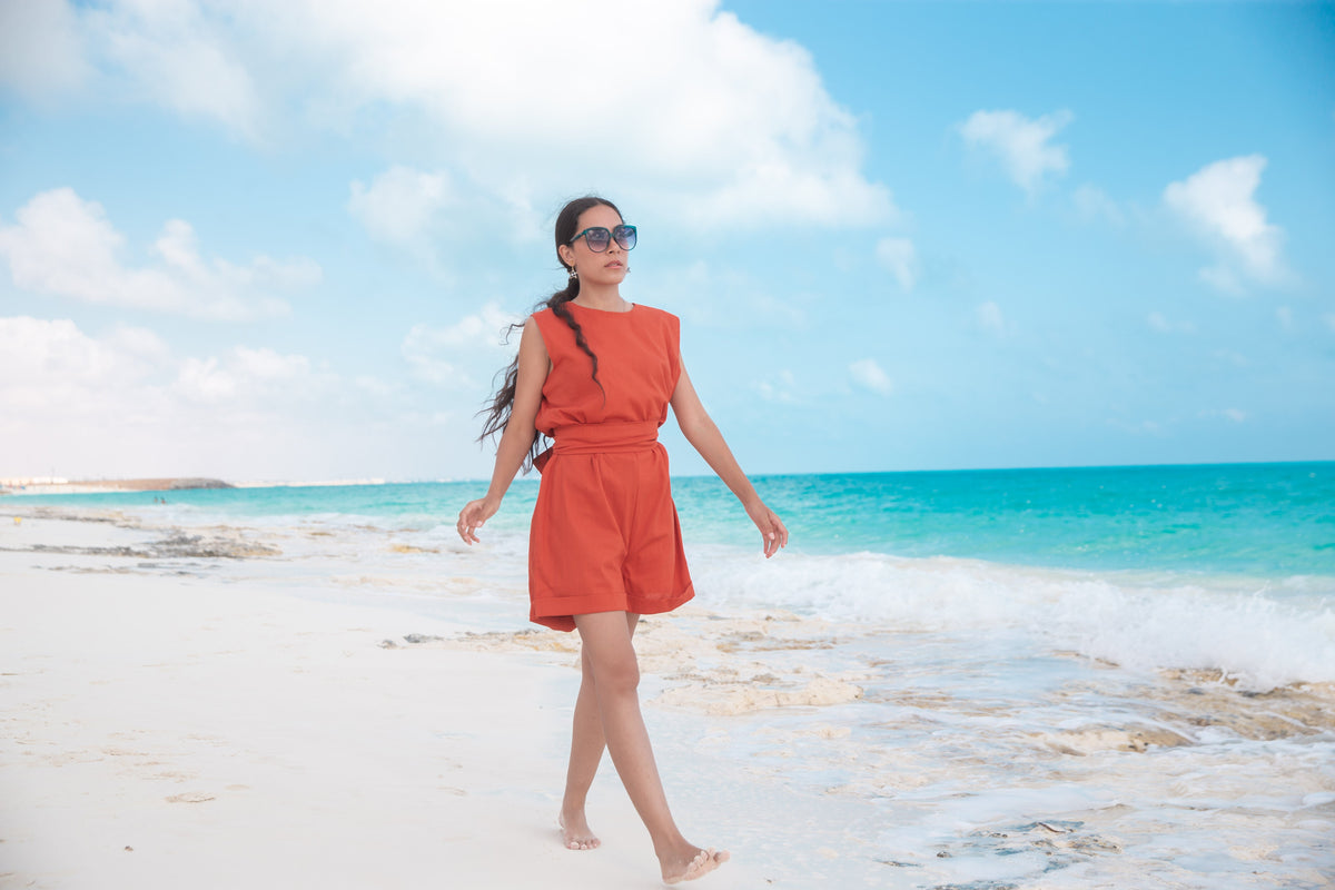 Sleeveless linen Jumpsuit - Orange