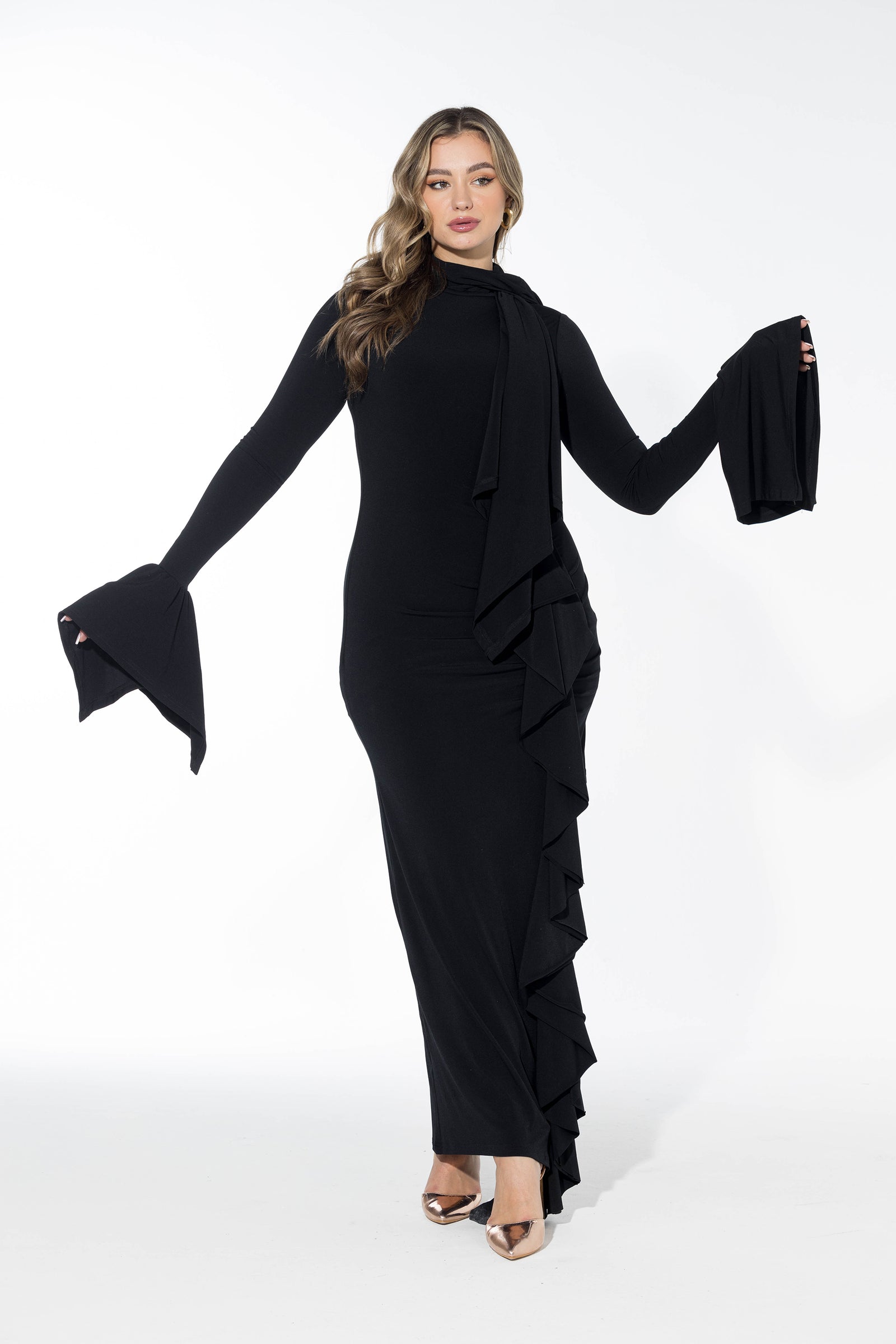 Ruffled Full stretch Dress - Black