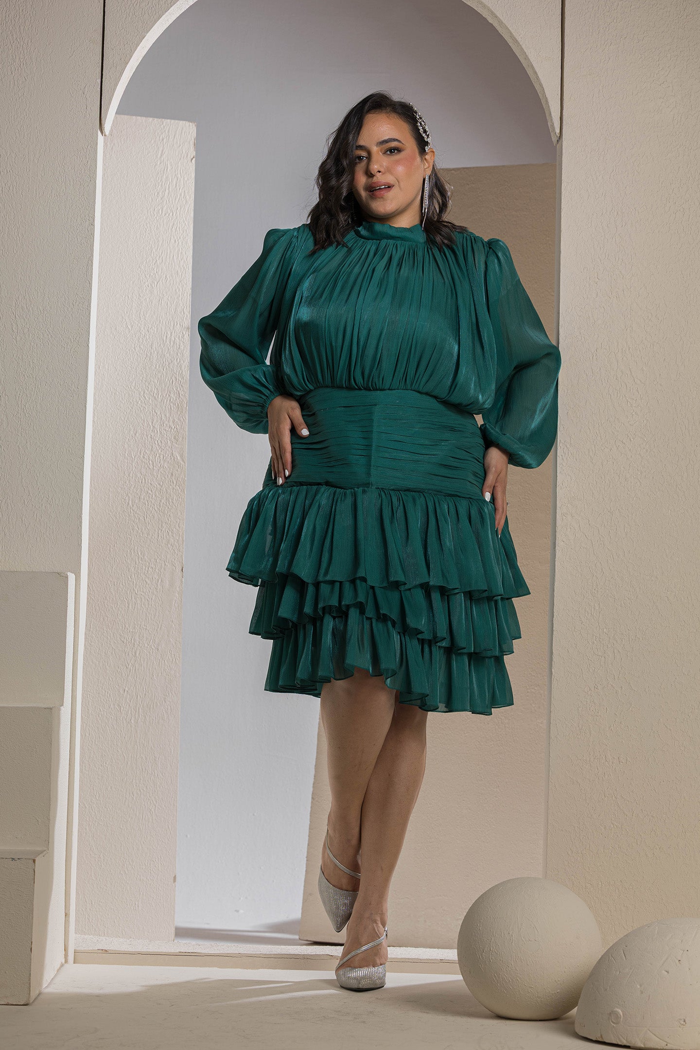 Shimmer Pleated Tier Mini Dress - Emerald Green