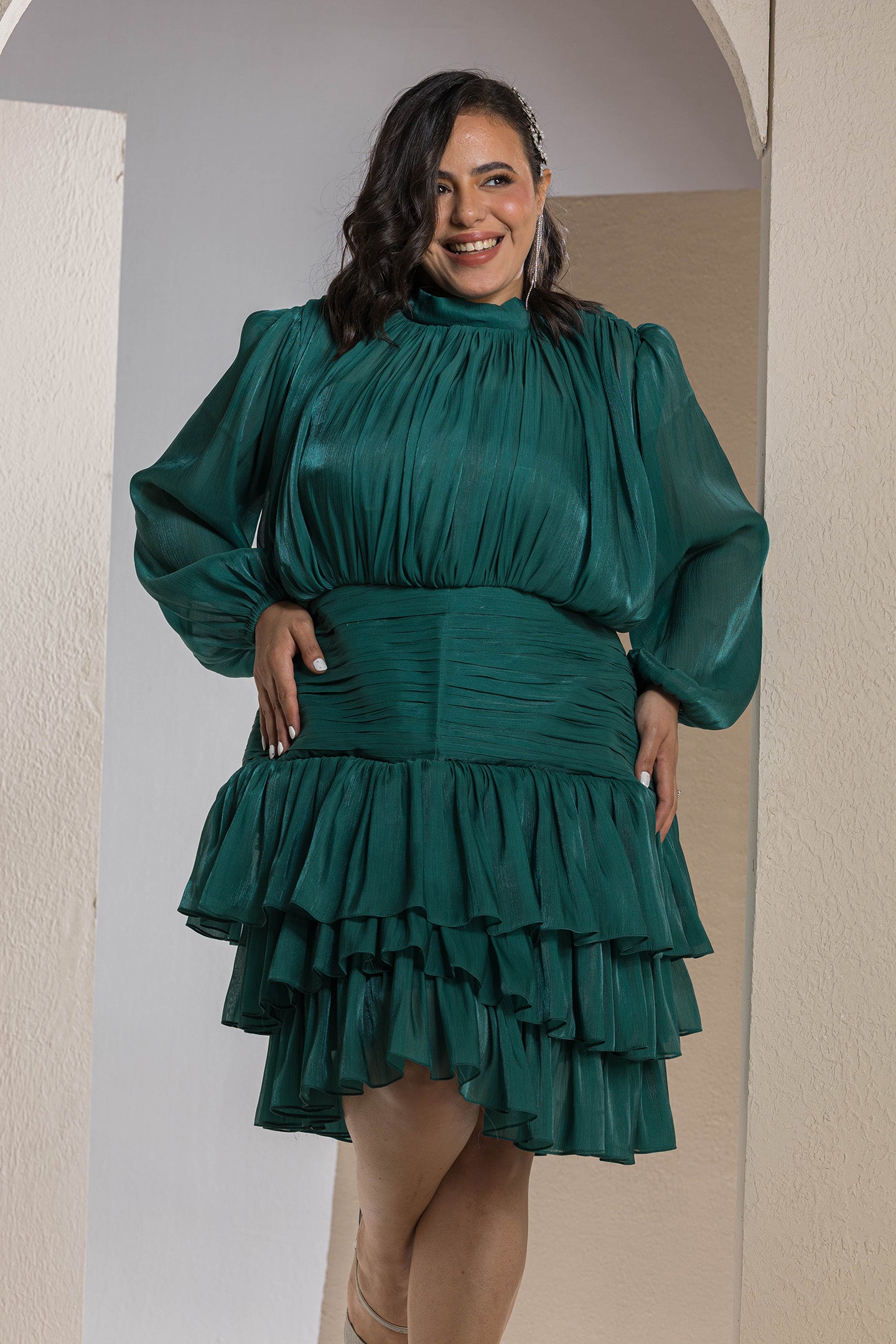Shimmer Pleated Tier Mini Dress - Emerald Green
