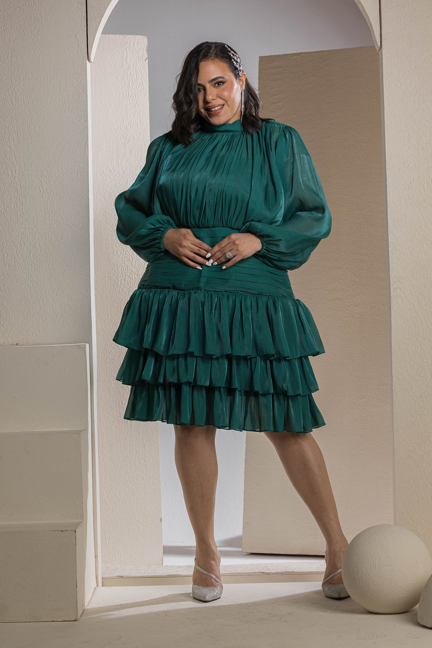 Shimmer Pleated Tier Mini Dress - Emerald Green