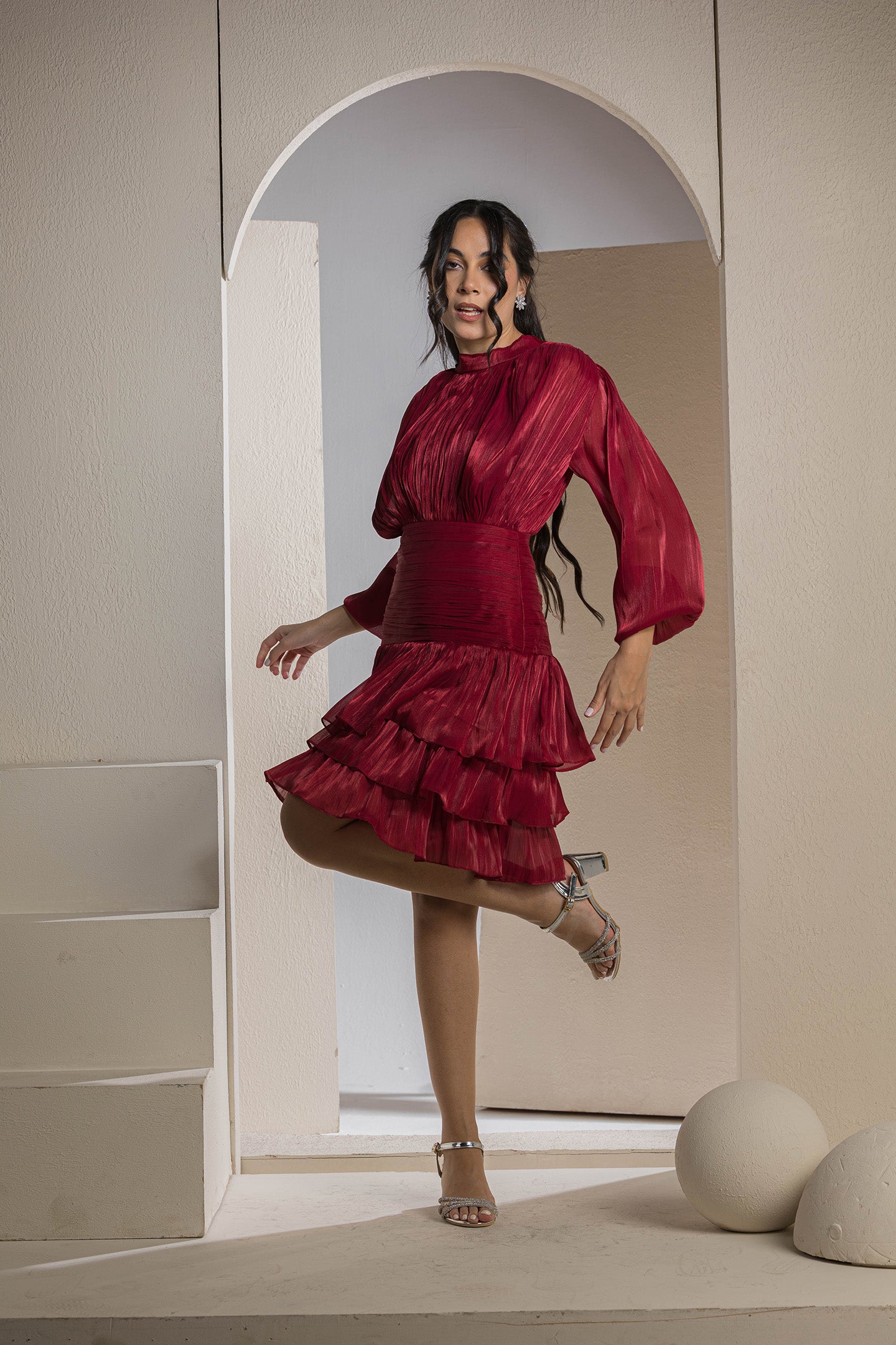 Shimmer Pleated Tier Mini Dress - Maroon