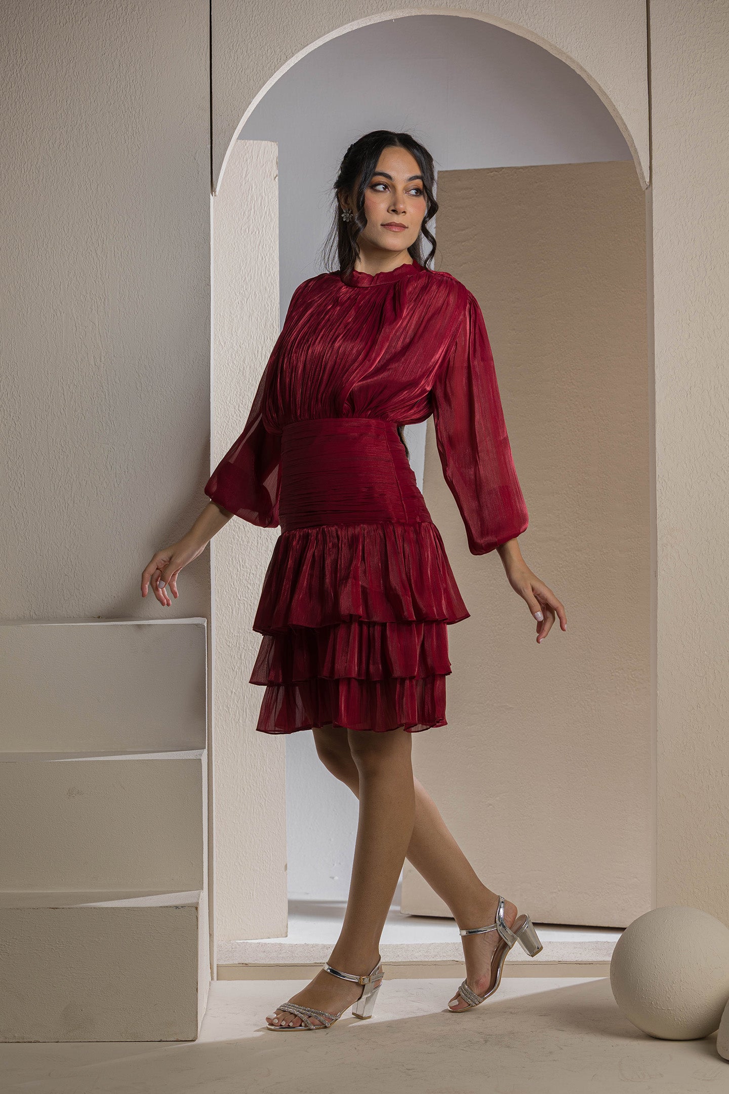 Shimmer Pleated Tier Mini Dress - Maroon