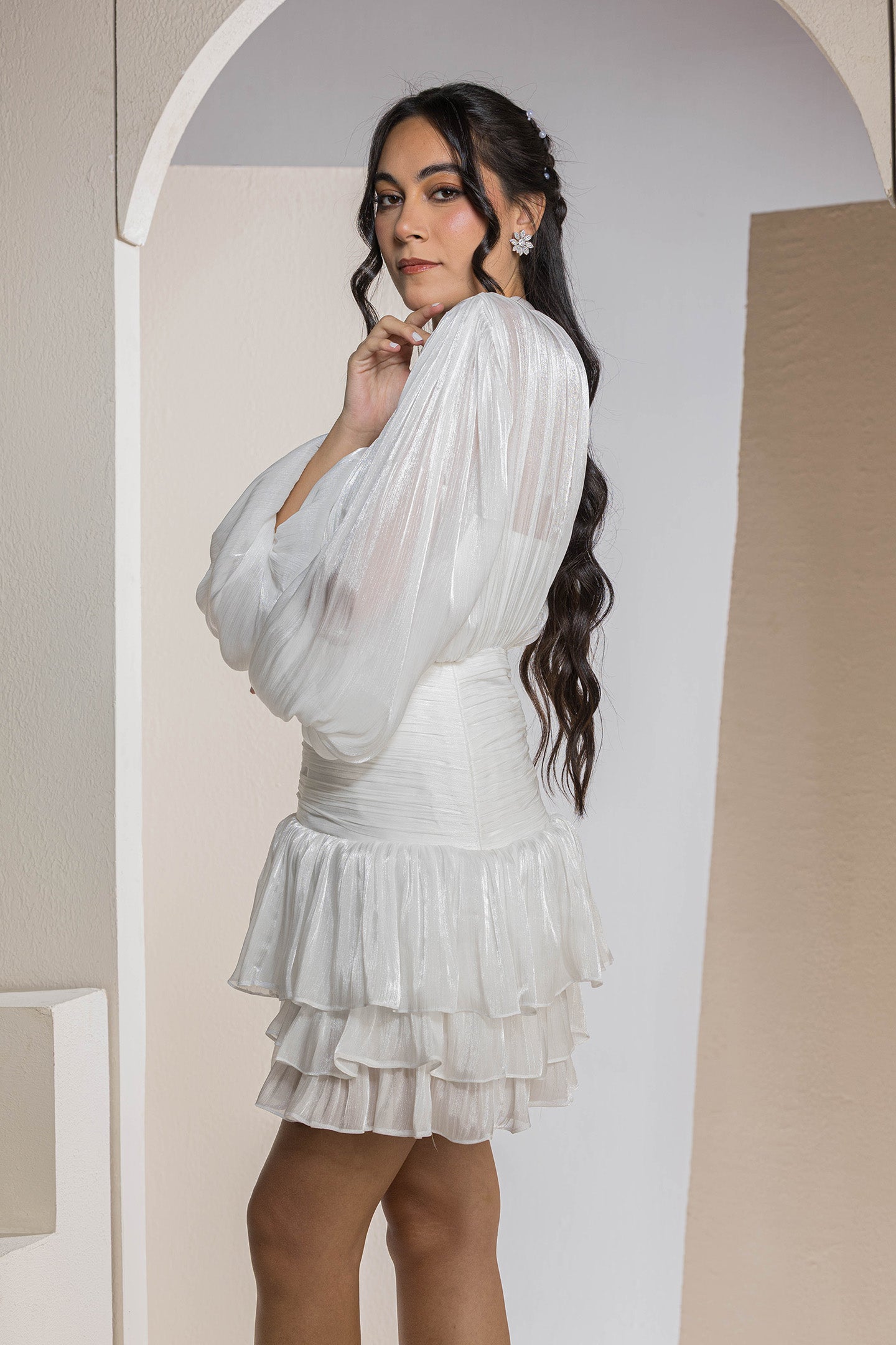 Shimmer Pleated Tier Mini Dress - White