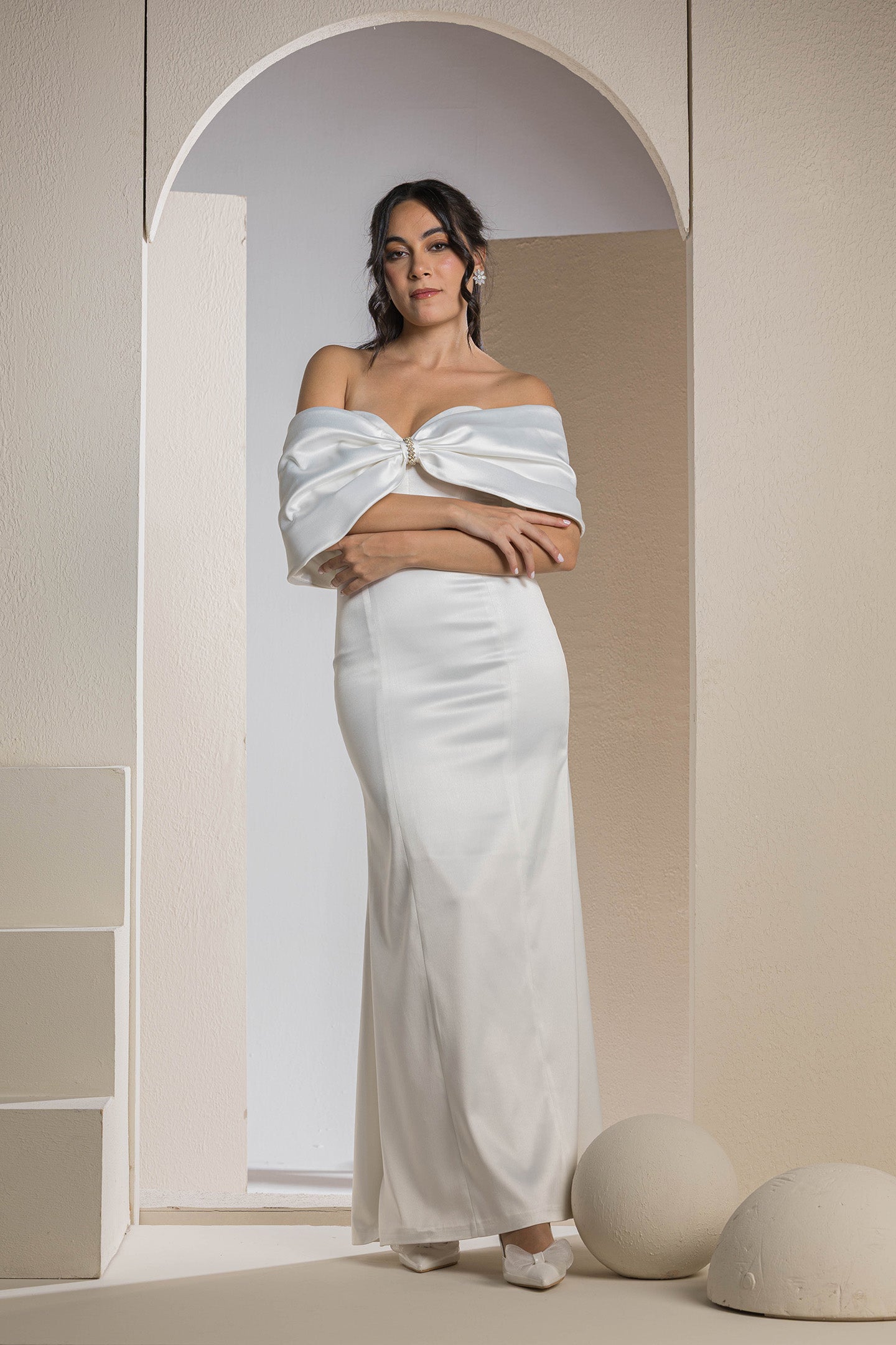 The Pearl Bow Dress - White