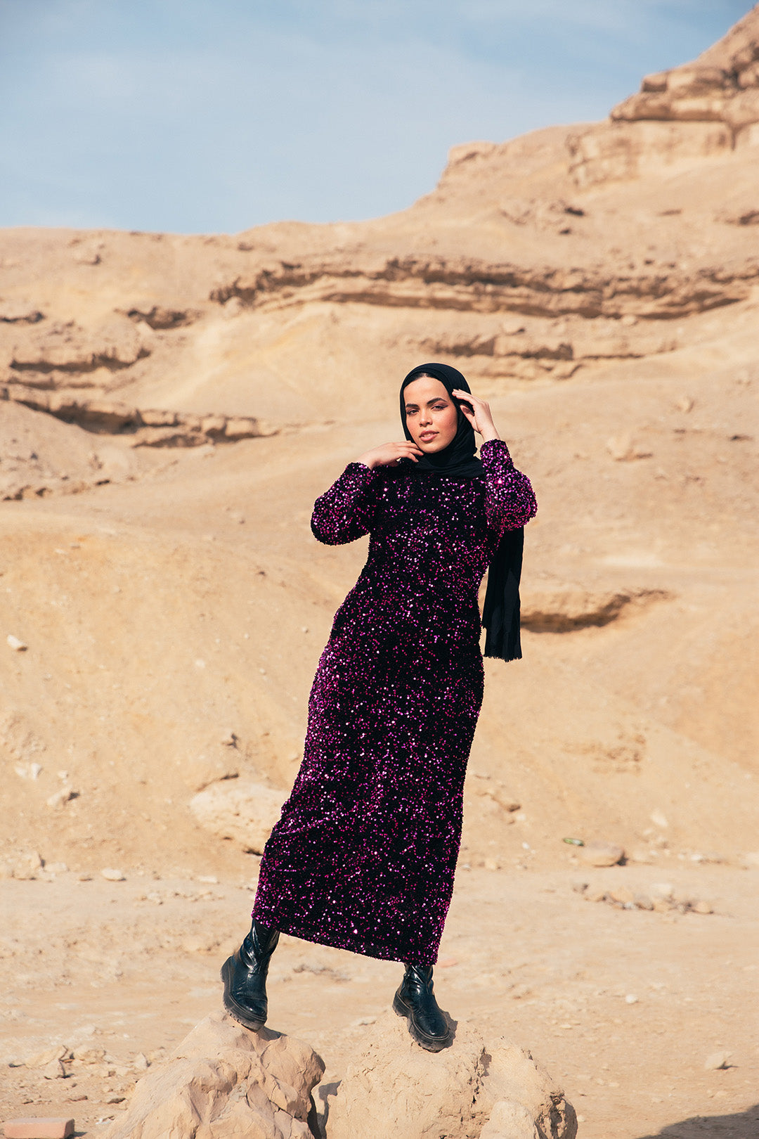 Velvet Sequin Puff Sleeve Dress - Fuchsia