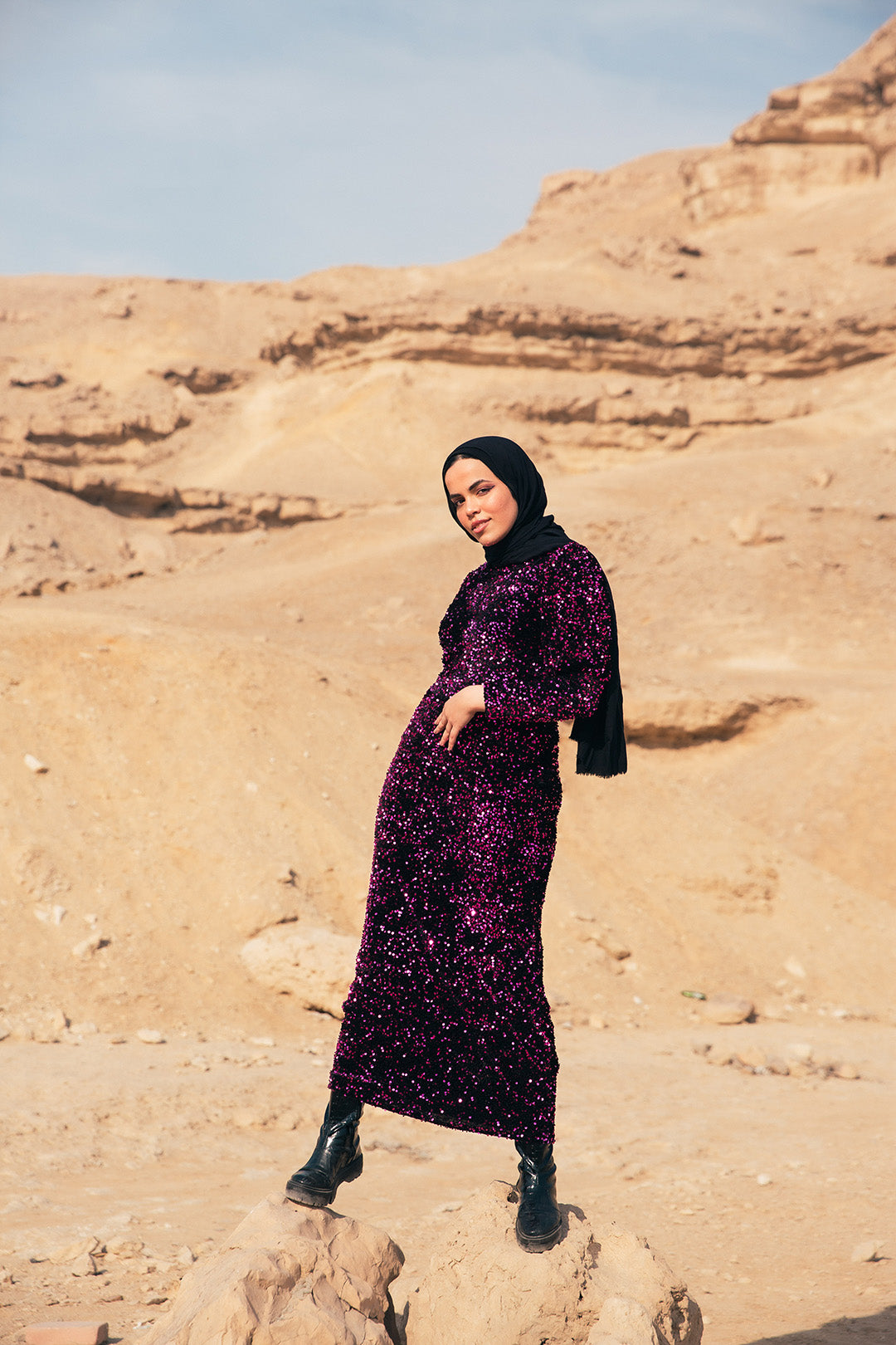Velvet Sequin Puff Sleeve Dress - Fuchsia