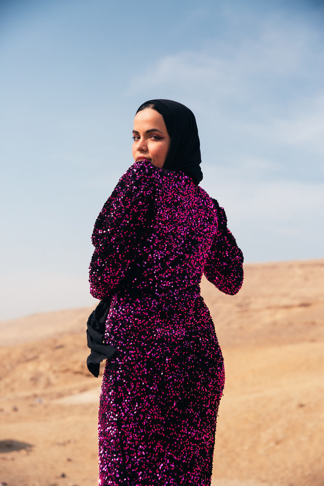 Velvet Sequin Puff Sleeve Dress - Fuchsia